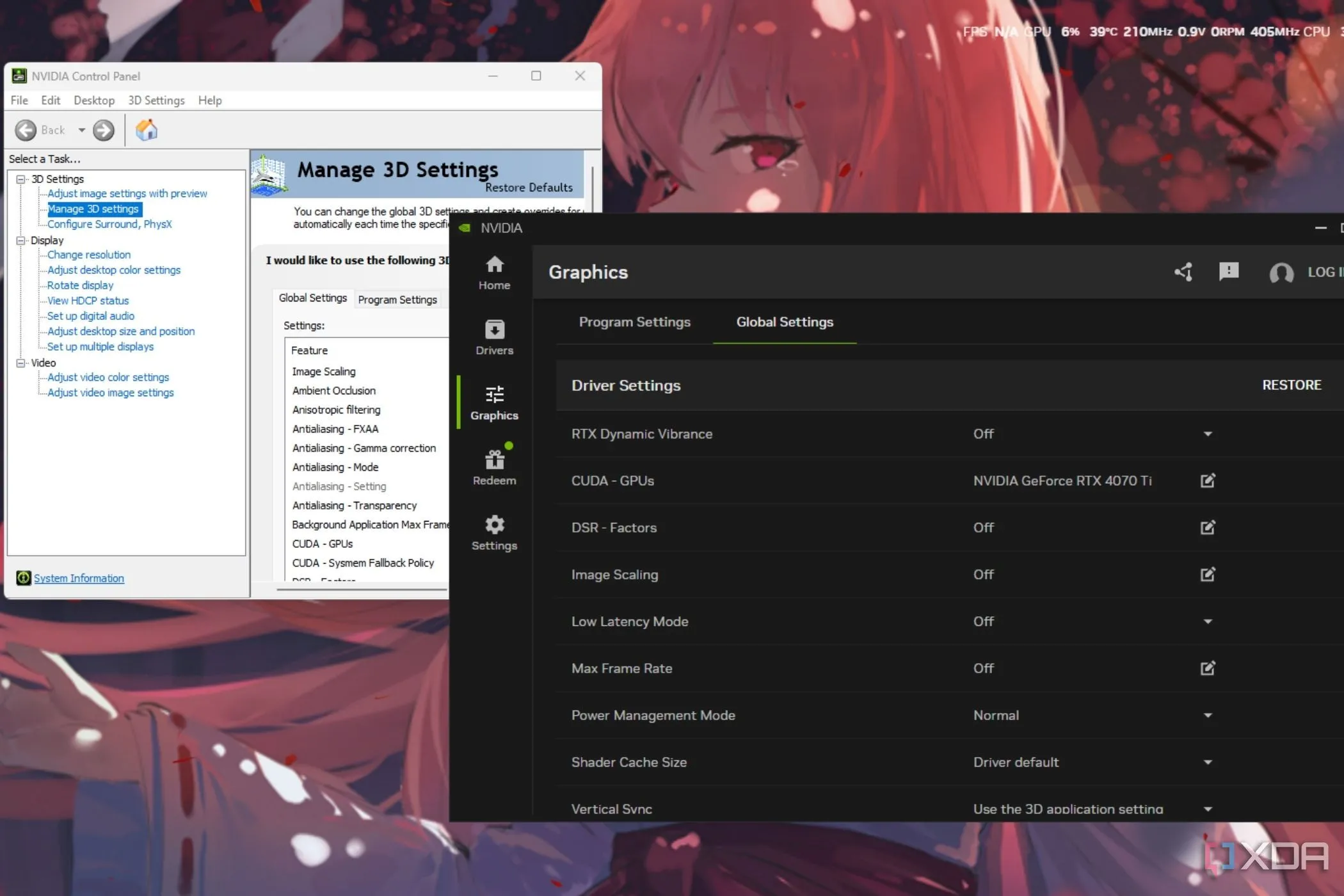 Giao diện cài đặt Global của Nvidia Control Panel và Nvidia App, minh họa việc Nvidia yêu cầu nhiều ứng dụng quản lý.