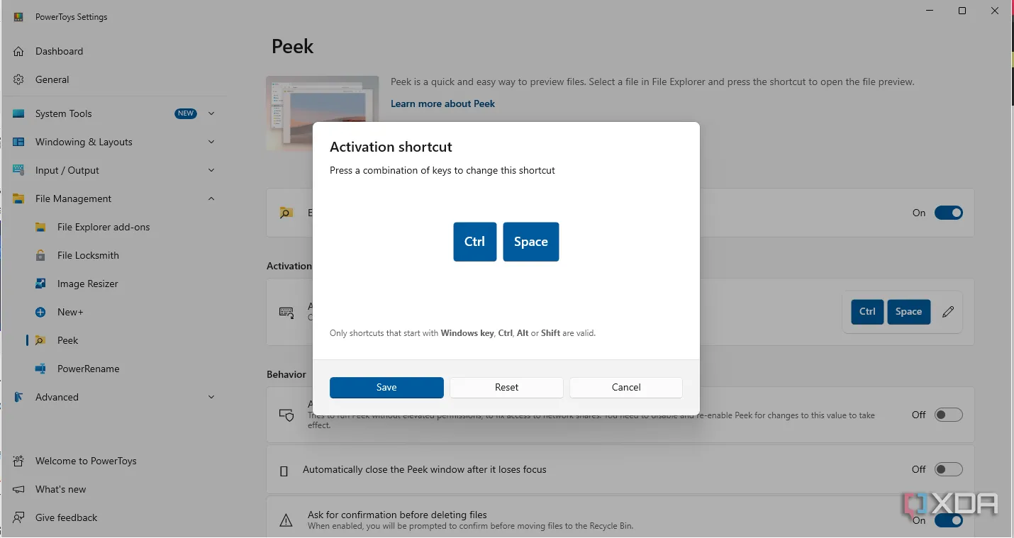Giao diện cài đặt phím tắt tùy chỉnh cho tính năng PowerToys Peek trong Windows.