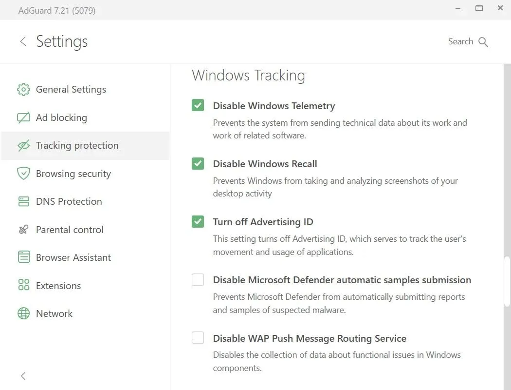 Giao diện cài đặt Tính năng chống theo dõi của Windows trong ứng dụng AdGuard.