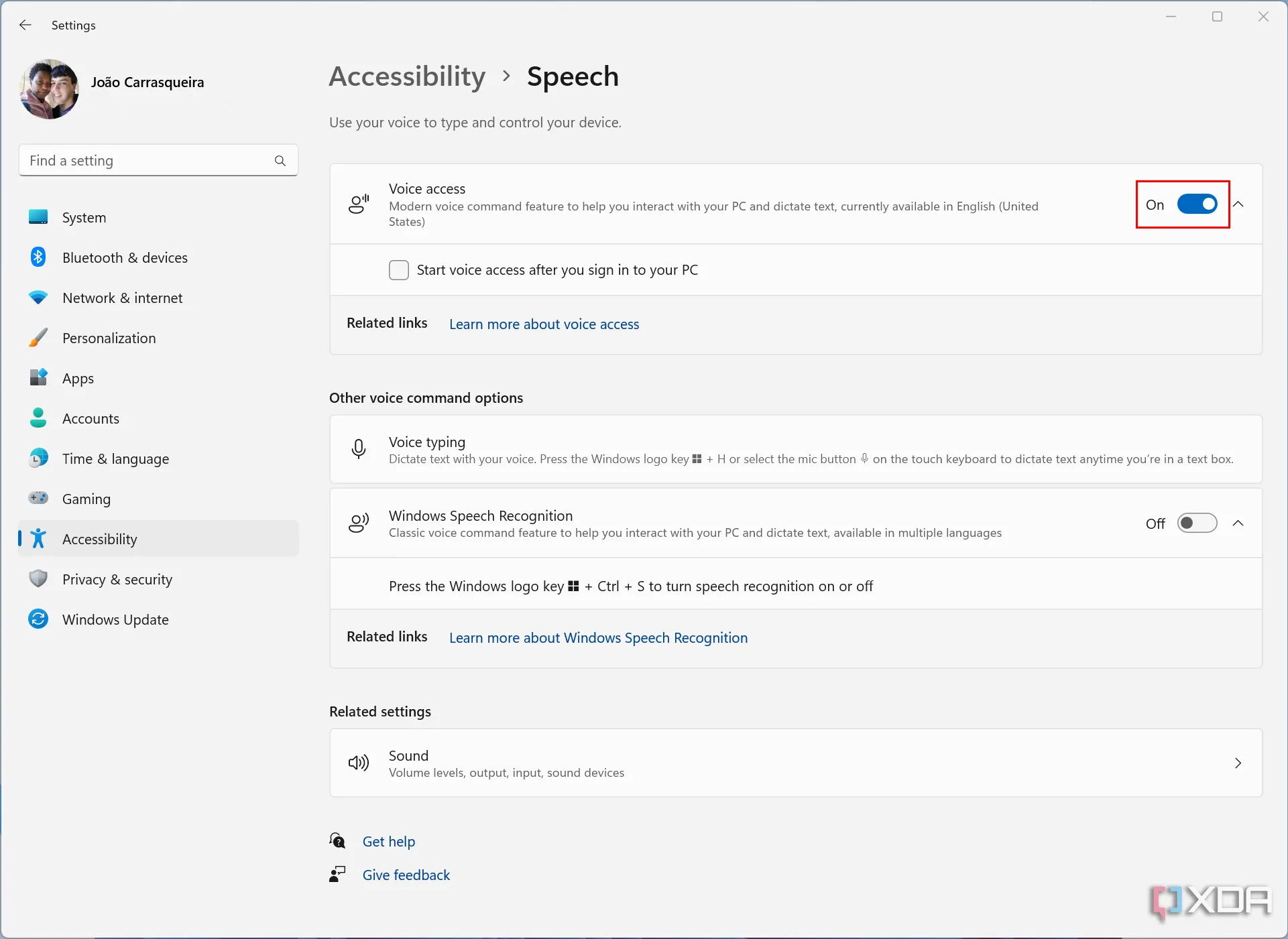Giao diện cài đặt trợ năng giọng nói Voice Access đã được bật trong Cài đặt Windows 11