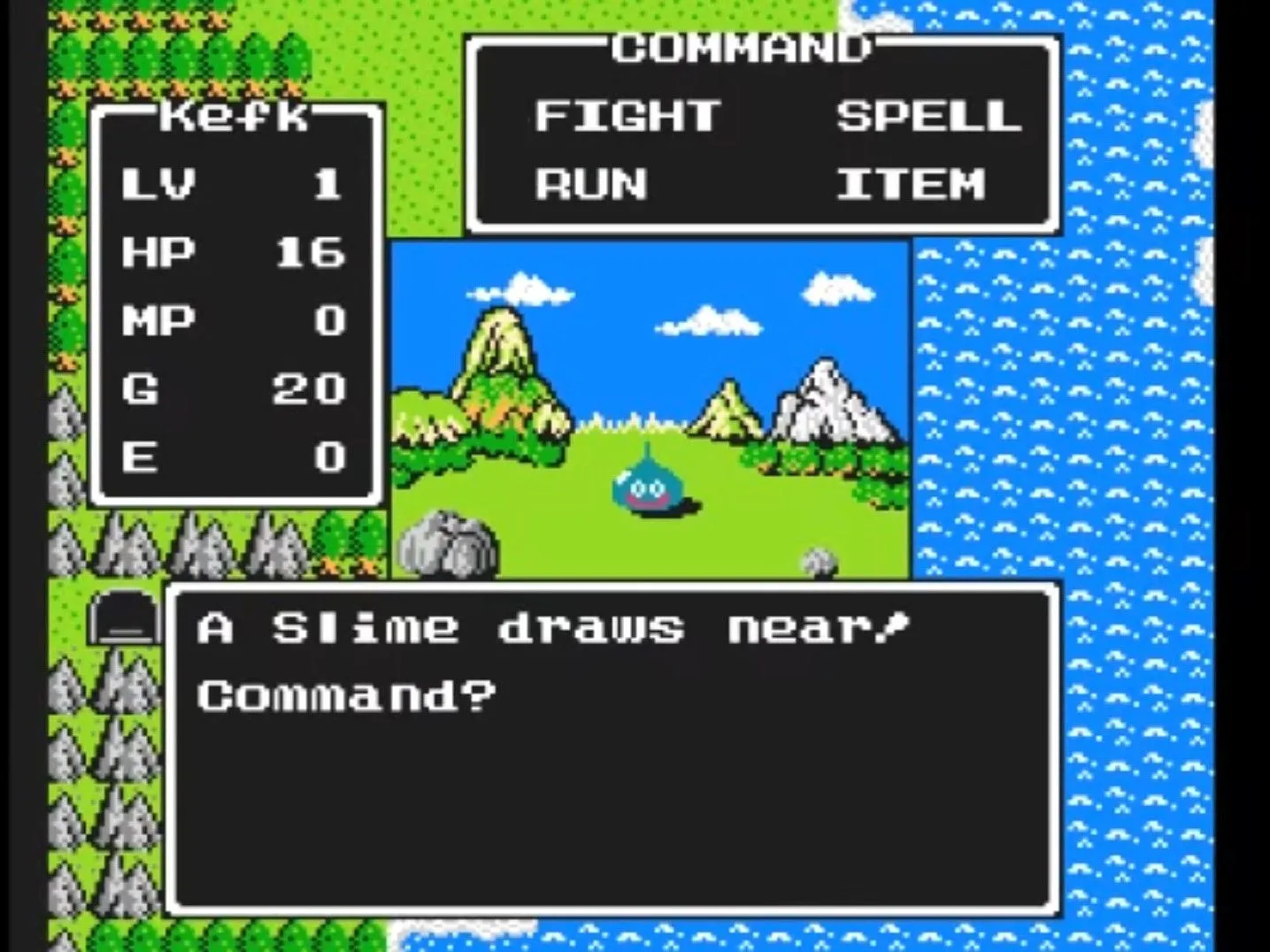 Giao diện chiến đấu cổ điển của Dragon Warrior trên NES với quái vật Slime, một thử thách cho người chơi RPG