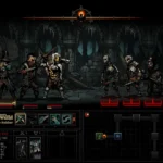 Giao diện chiến đấu Darkest Dungeon với các nhân vật và quái vật trong hầm ngục u ám