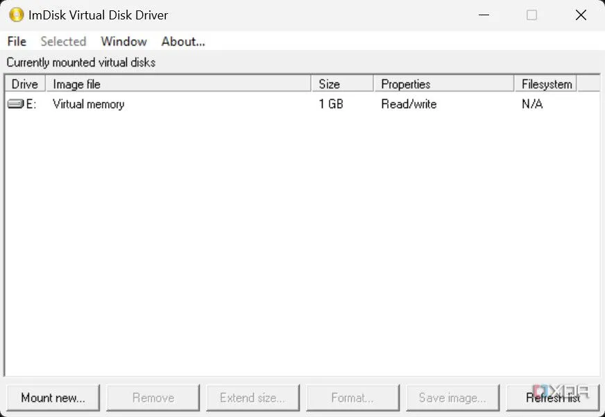 Giao diện chính của phần mềm ImDisk Virtual Disk Driver, hiển thị các tùy chọn quản lý ổ đĩa ảo.