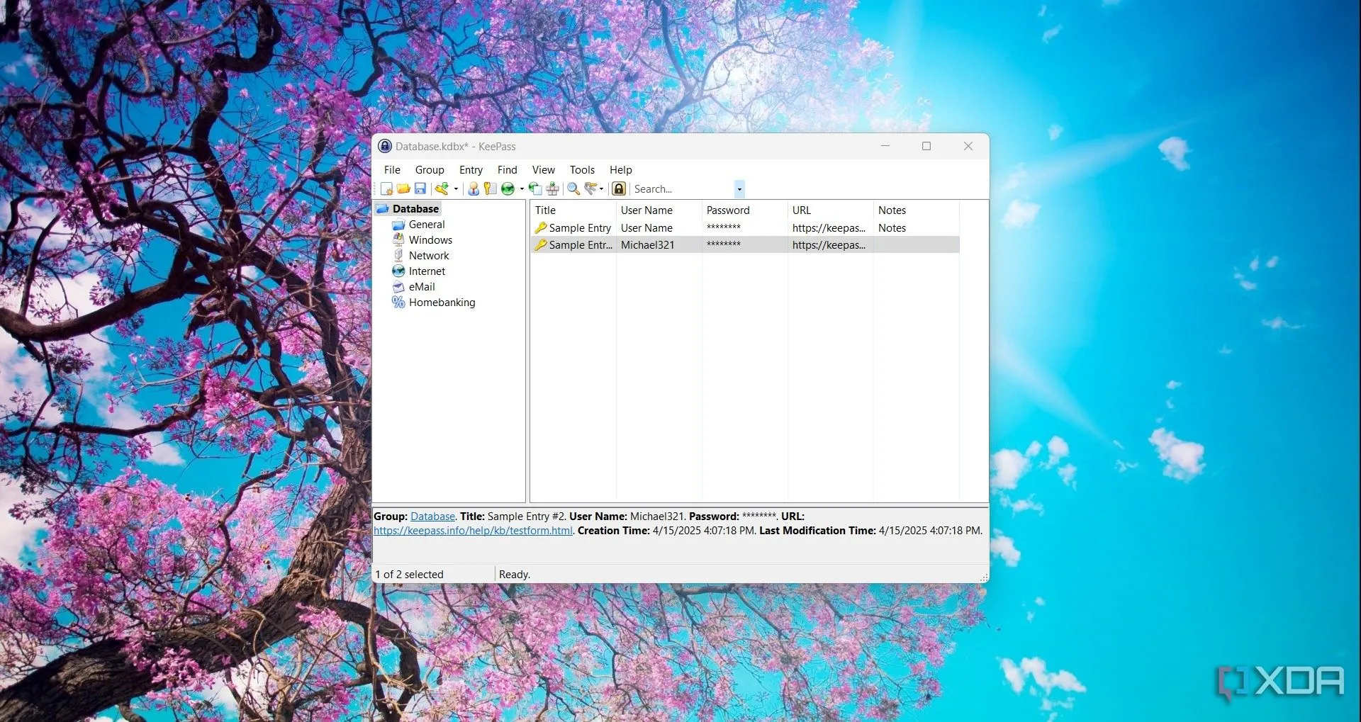 Giao diện chính của ứng dụng quản lý mật khẩu KeePass đang hiển thị danh sách các mục nhập và thanh công cụ trên Windows 11