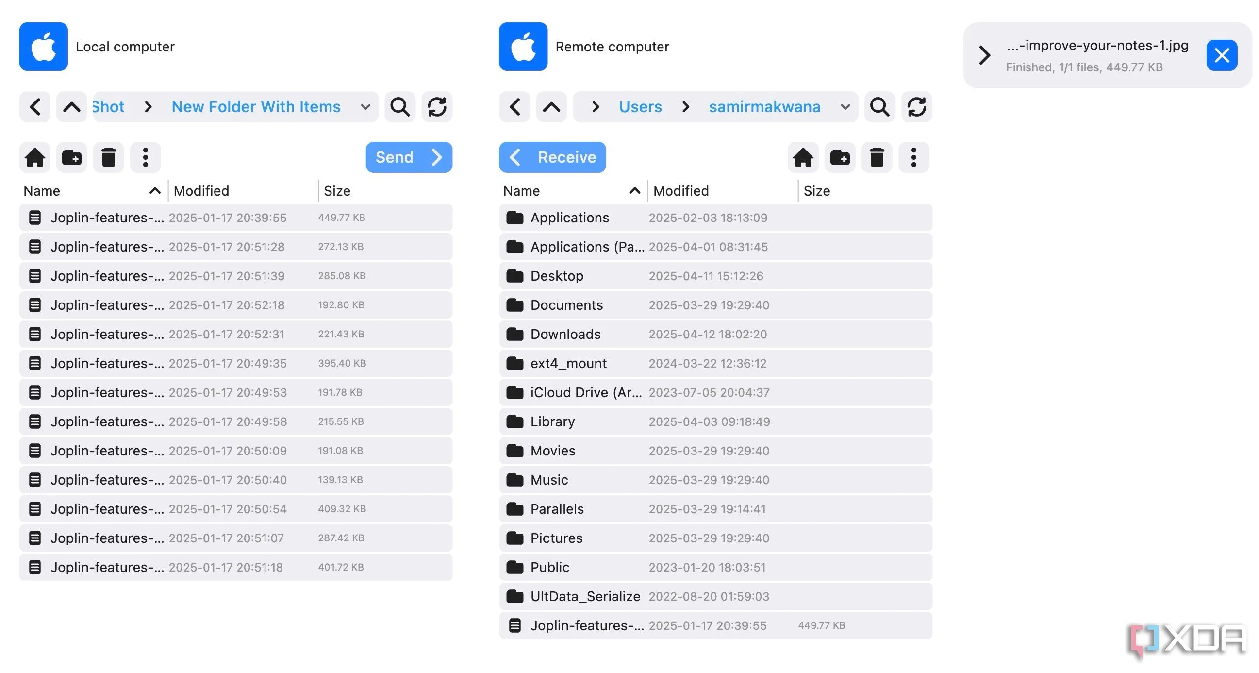 Giao diện chuyển tập tin của RustDesk hiển thị cây thư mục cục bộ và từ xa để truyền dữ liệu.