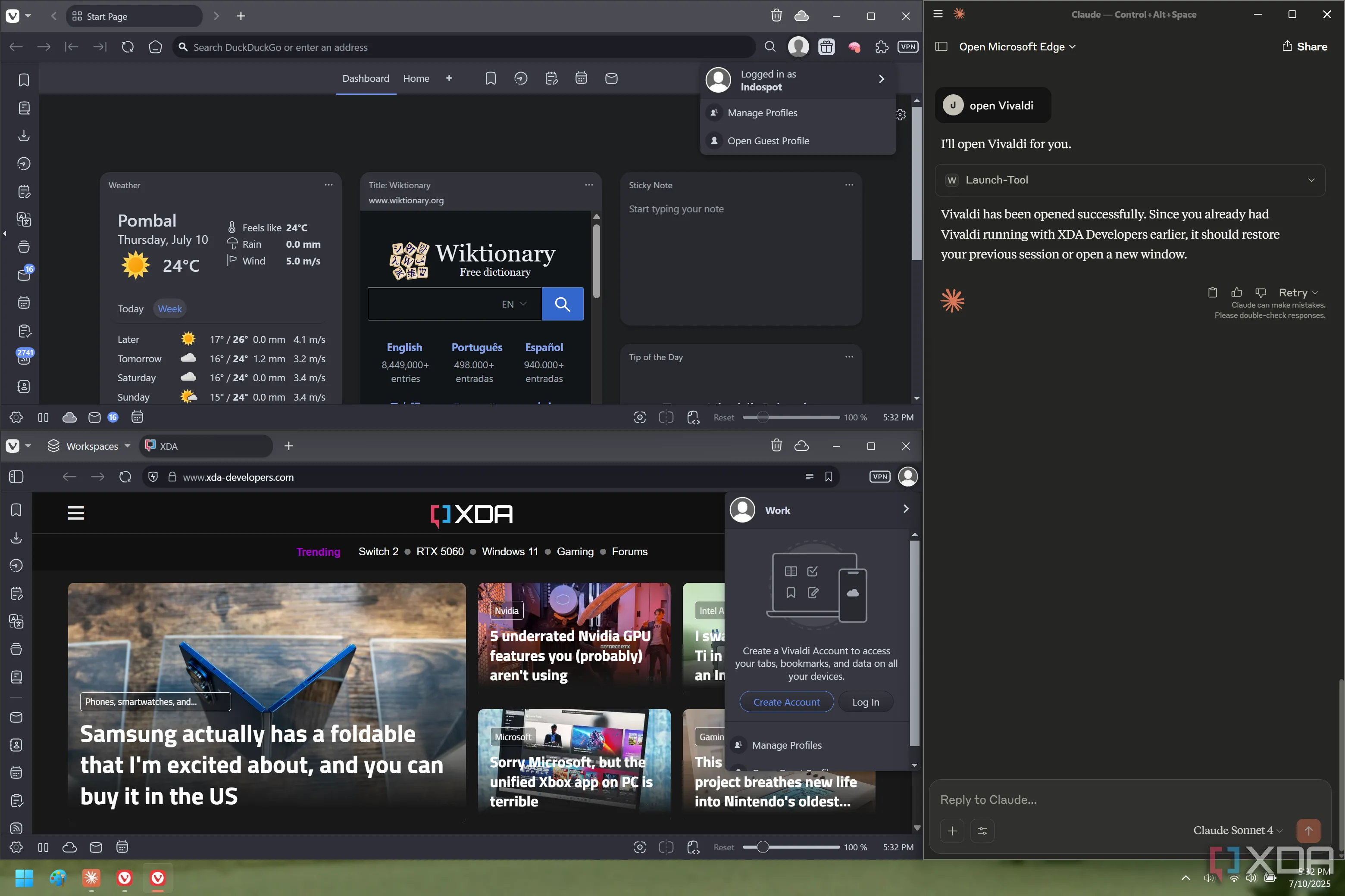 Giao diện Claude và hai cửa sổ trình duyệt Vivaldi trên Windows 11, minh họa lỗi Windows-MCP khi mở Vivaldi với hồ sơ người dùng bị tách biệt