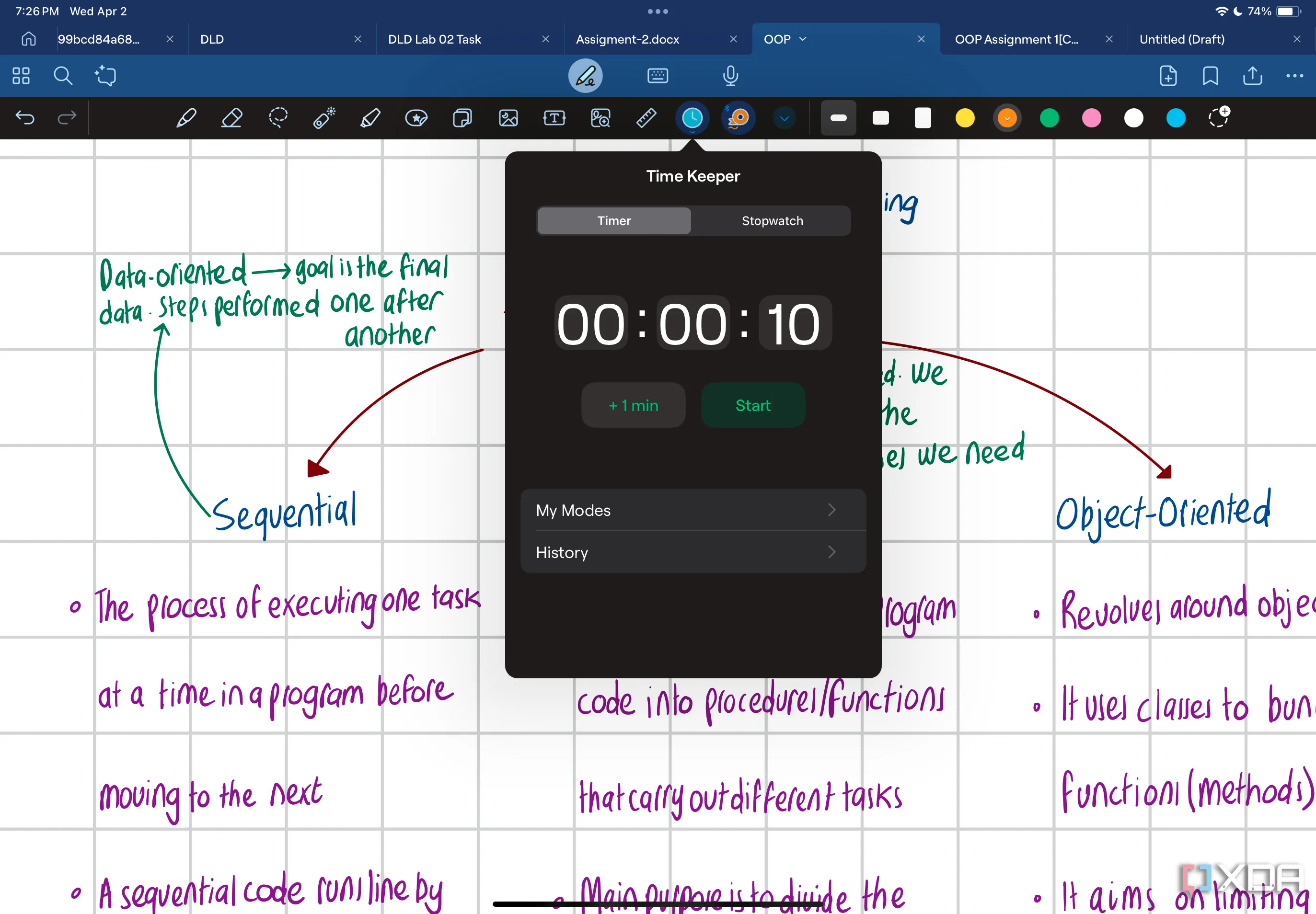 Giao diện công cụ Time Keeper của Goodnotes 6 với chế độ hẹn giờ và thanh tiến trình đang hoạt động