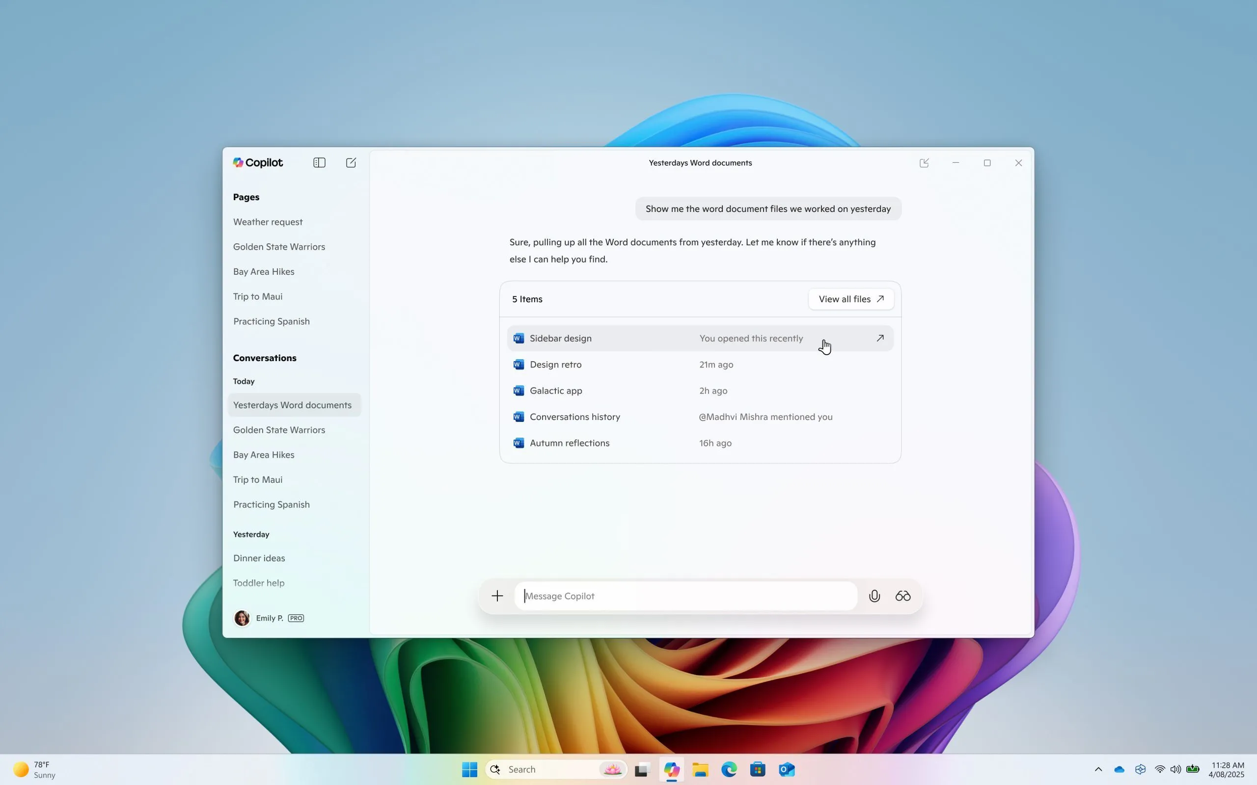 Giao diện Copilot hiển thị tính năng tìm kiếm tệp trên Windows.