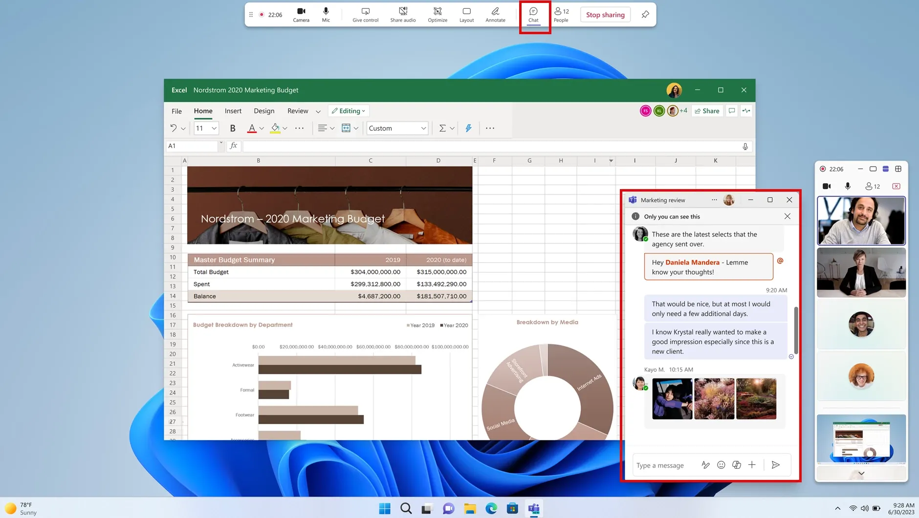 Giao diện cửa sổ chat riêng tư trong Microsoft Teams khi người dùng đang chia sẻ màn hình trình chiếu