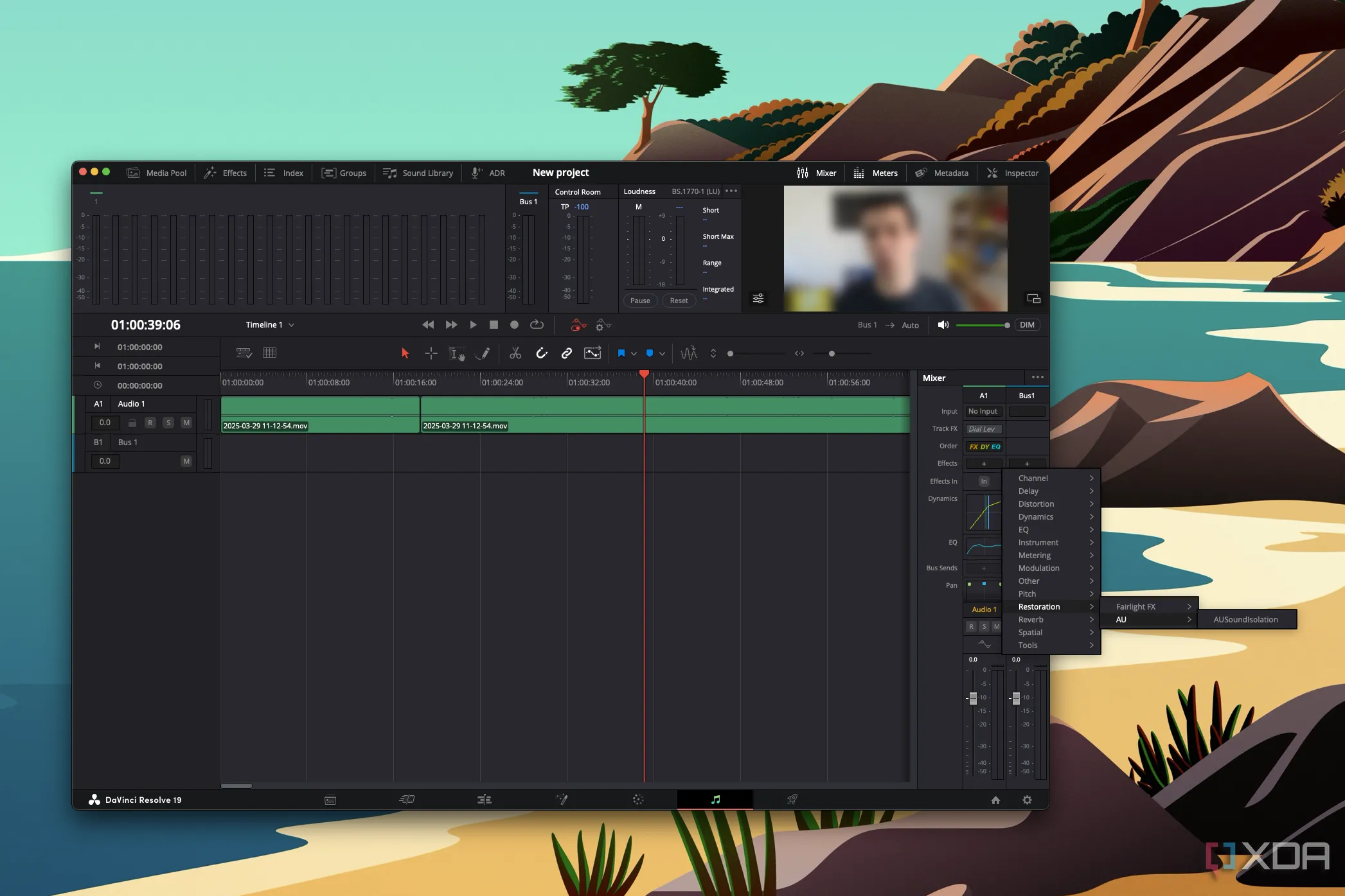 Giao diện DaVinci Resolve trên macOS với tùy chọn hiệu ứng âm thanh AUSoundIsolation