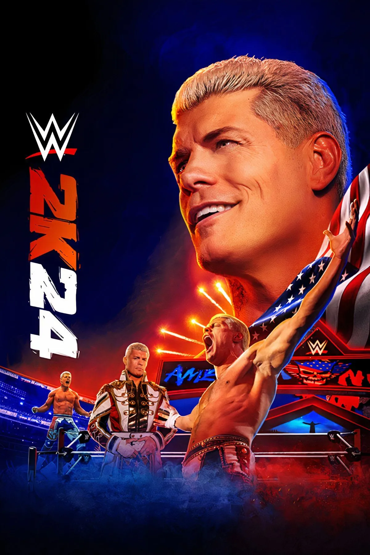 Giao diện game WWE 2K24 với đô vật Roman Reigns và Cody Rhodes