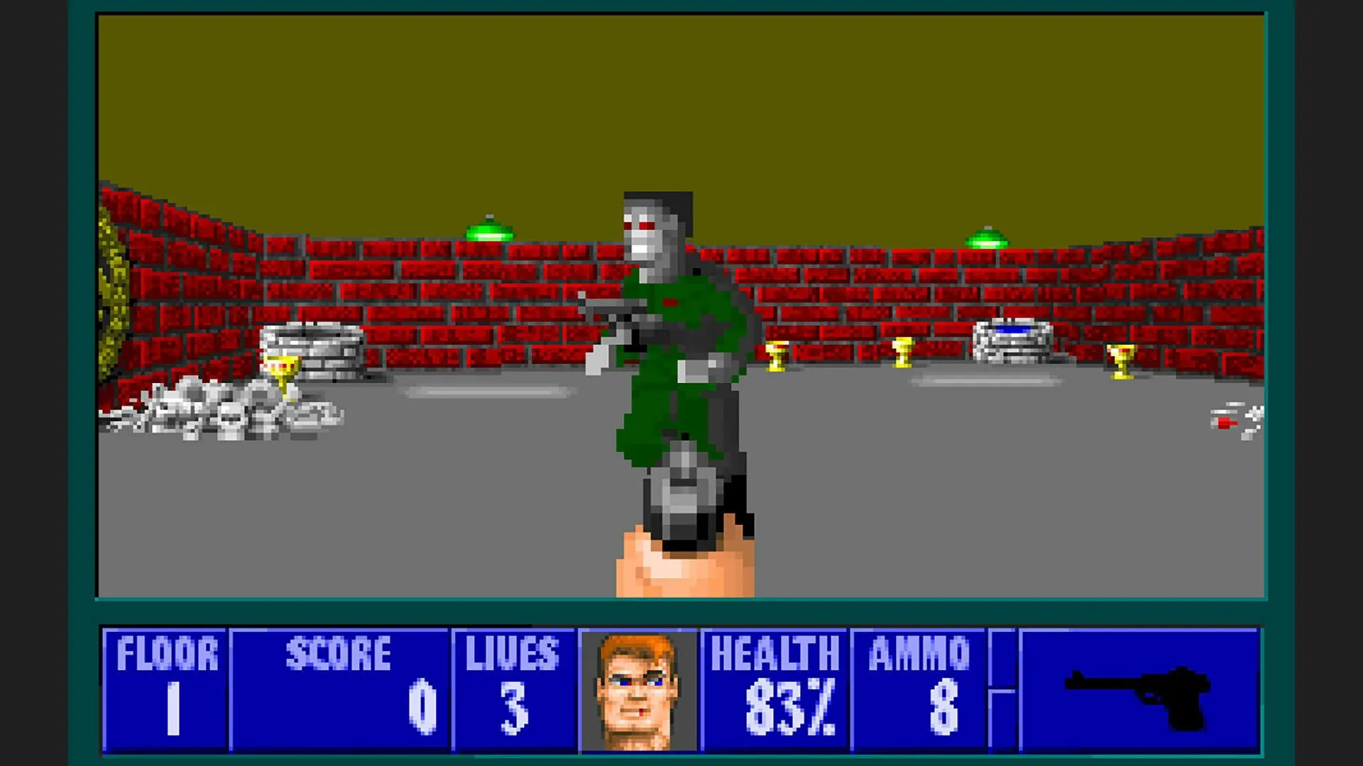 Giao diện gameplay của tựa game bắn súng góc nhìn thứ nhất kinh điển Wolfenstein 3D, nền tảng của Super Noah's Ark 3D
