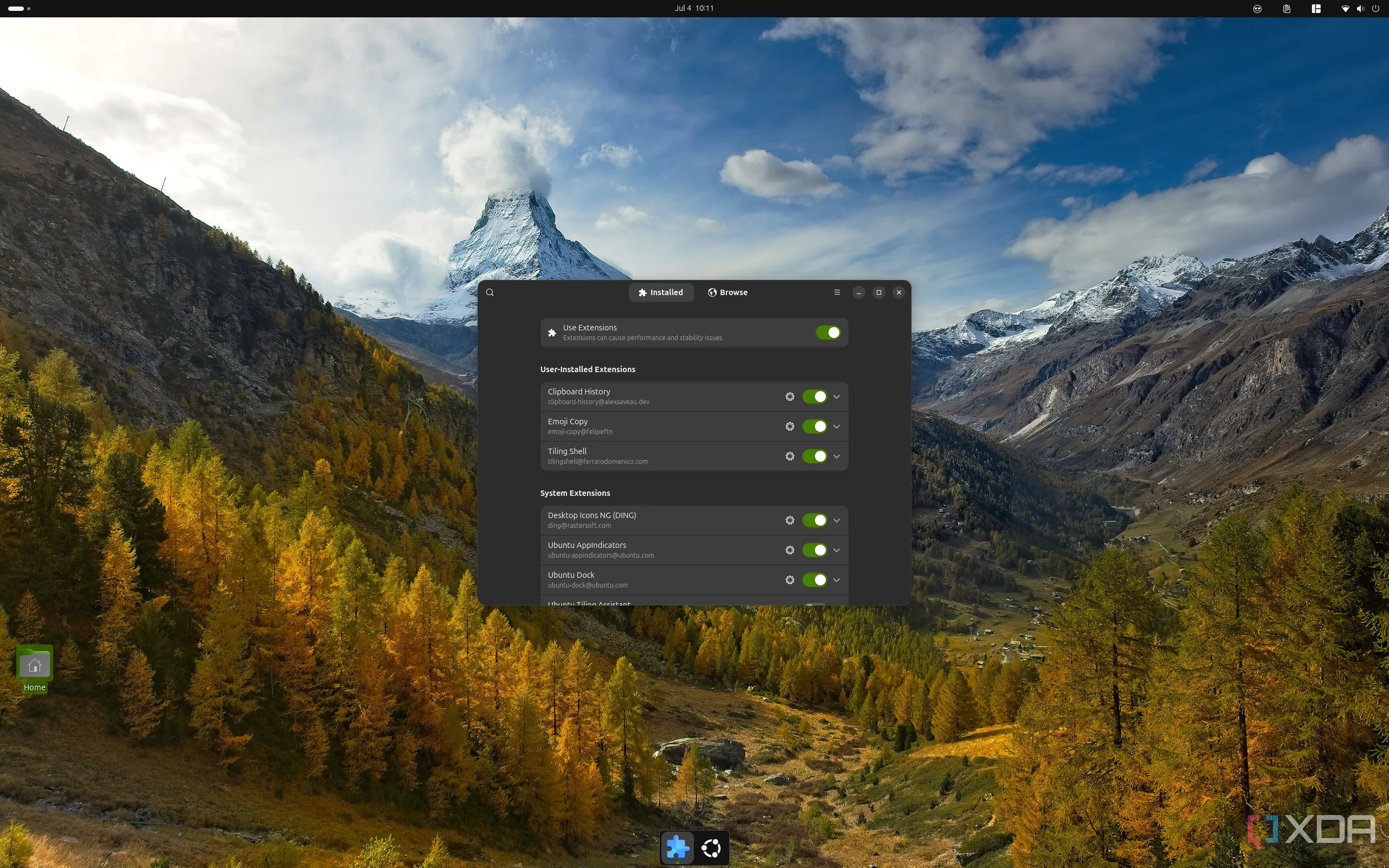 Giao diện GNOME Extension Manager trên Ubuntu