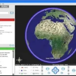 Giao diện Google Earth năm 2005 hiển thị hình ảnh vệ tinh về một thành phố với các thanh công cụ và lớp dữ liệu ở bên trái