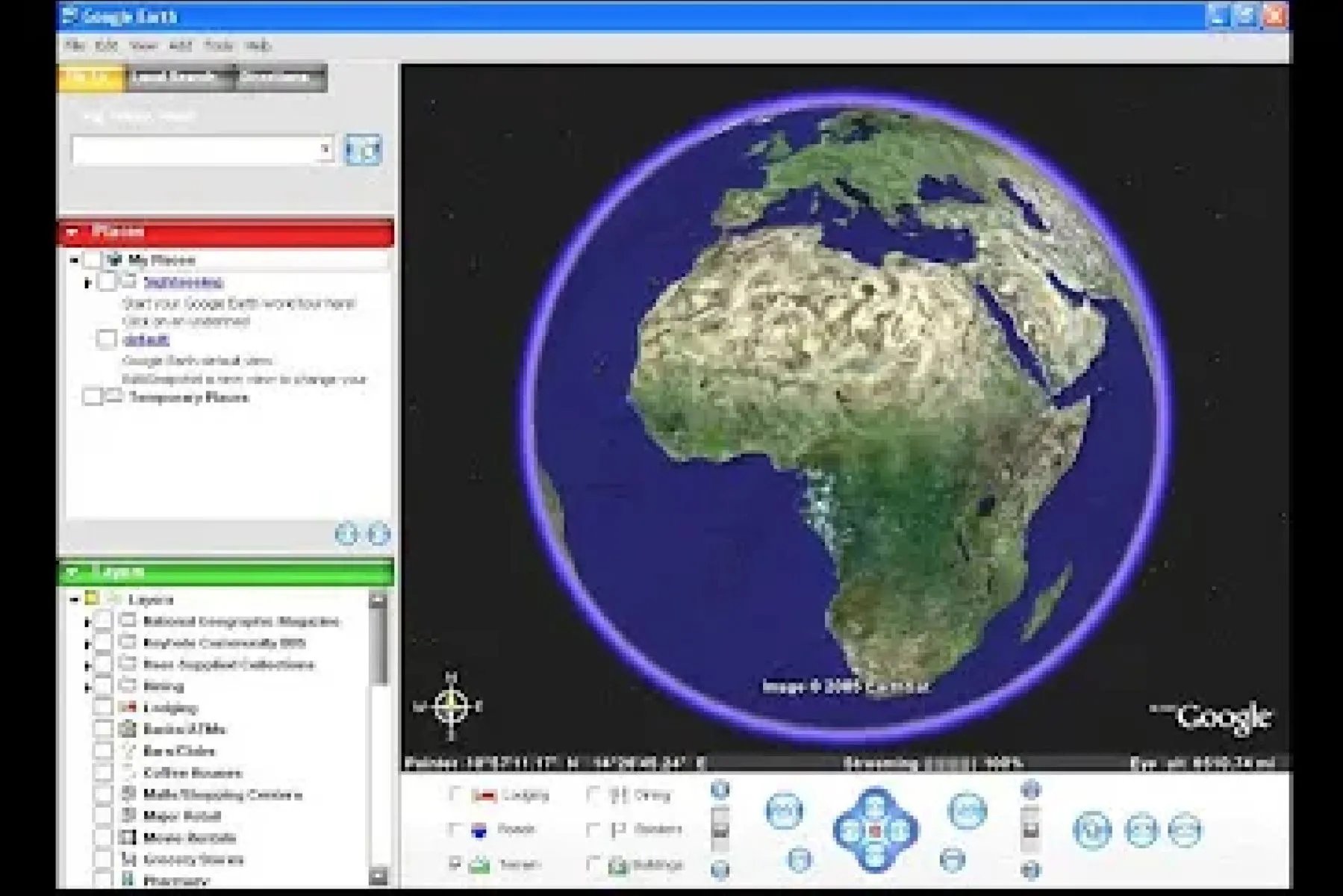 Giao diện Google Earth năm 2005 hiển thị hình ảnh vệ tinh về một thành phố với các thanh công cụ và lớp dữ liệu ở bên trái