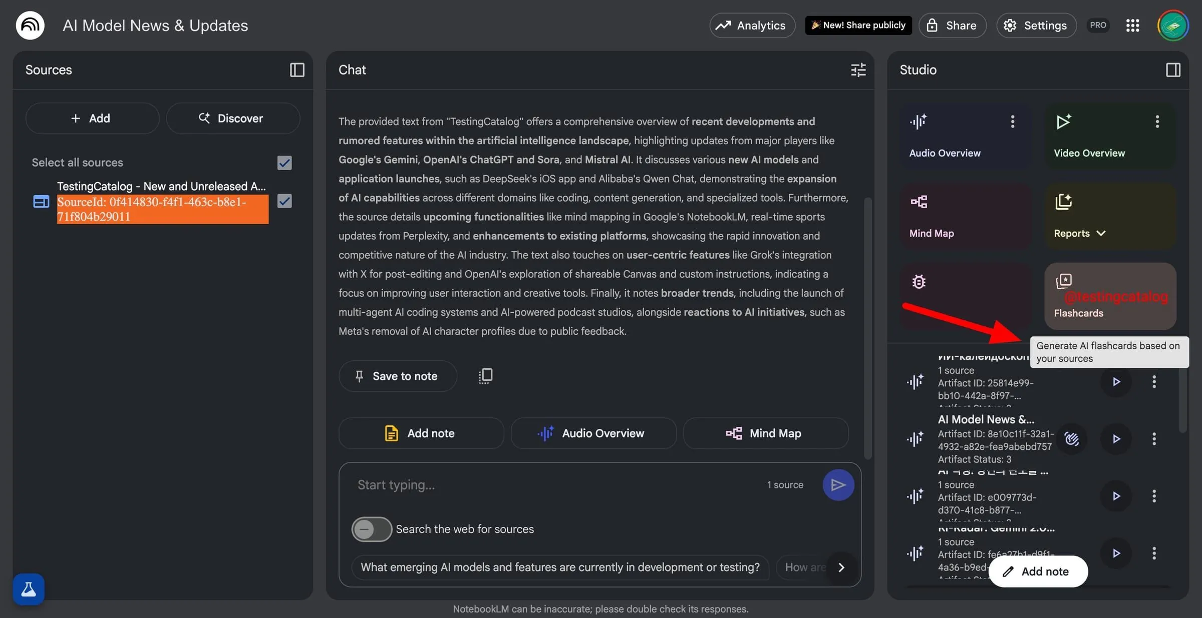 Giao diện Google NotebookLM hiển thị tính năng Flashcards AI đang được thử nghiệm trong phần Studio, với mô tả "Generate AI flashcards based on your sources".