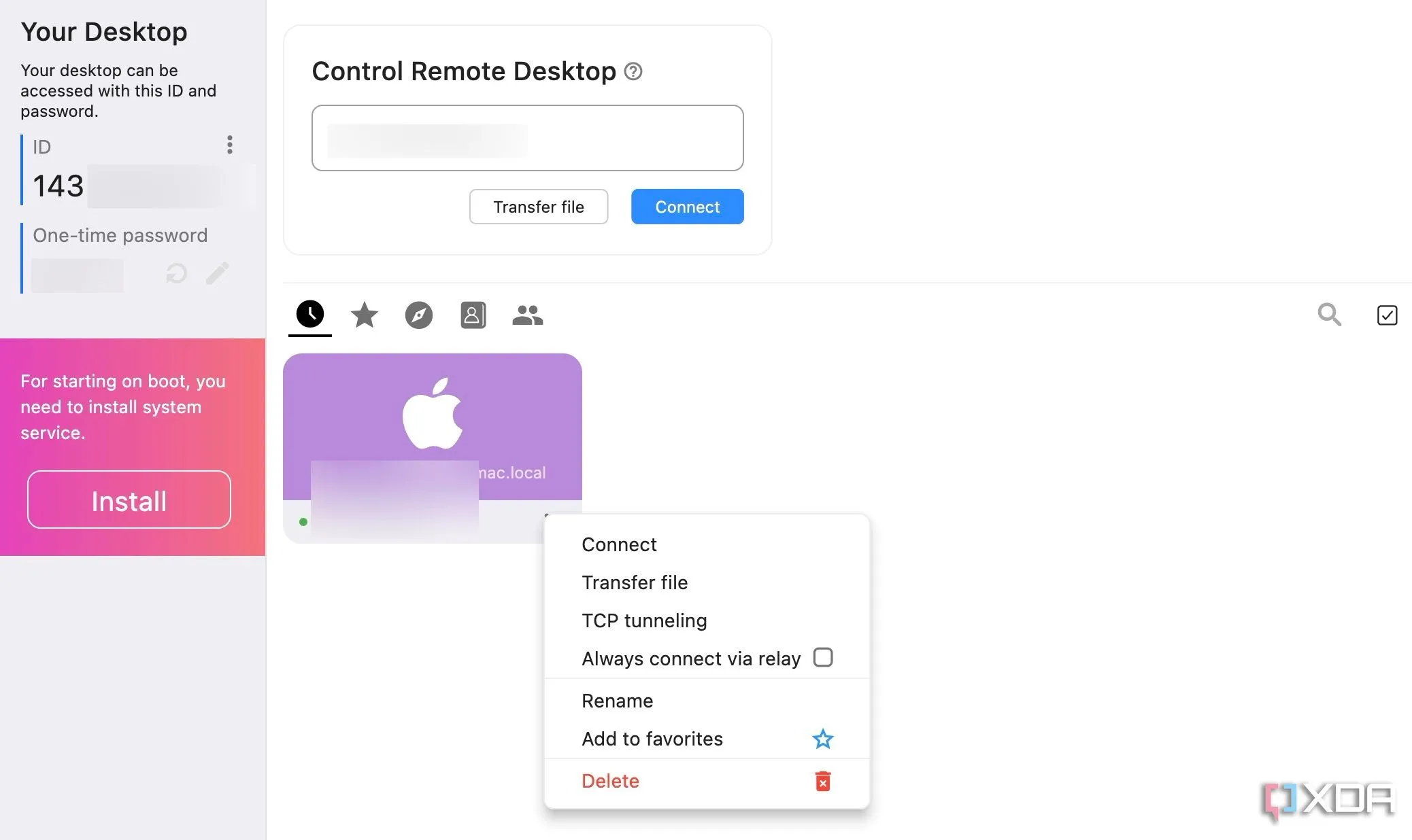 Giao diện kết nối RustDesk hiển thị ID và ô nhập mật khẩu để truy cập máy tính từ xa.