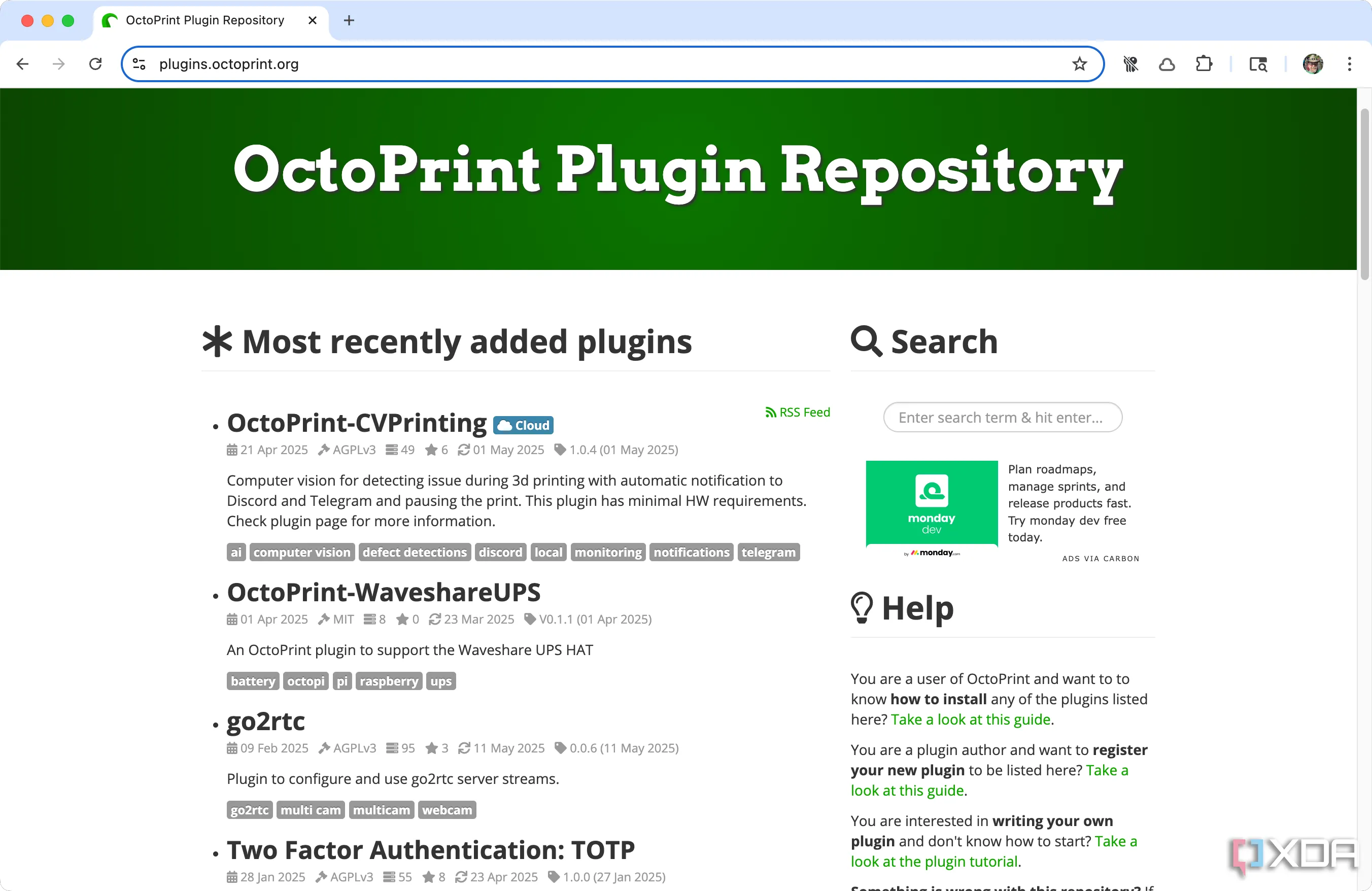 Giao diện kho plugin OctoPrint hiển thị danh sách các plugin có sẵn để cài đặt và quản lý
