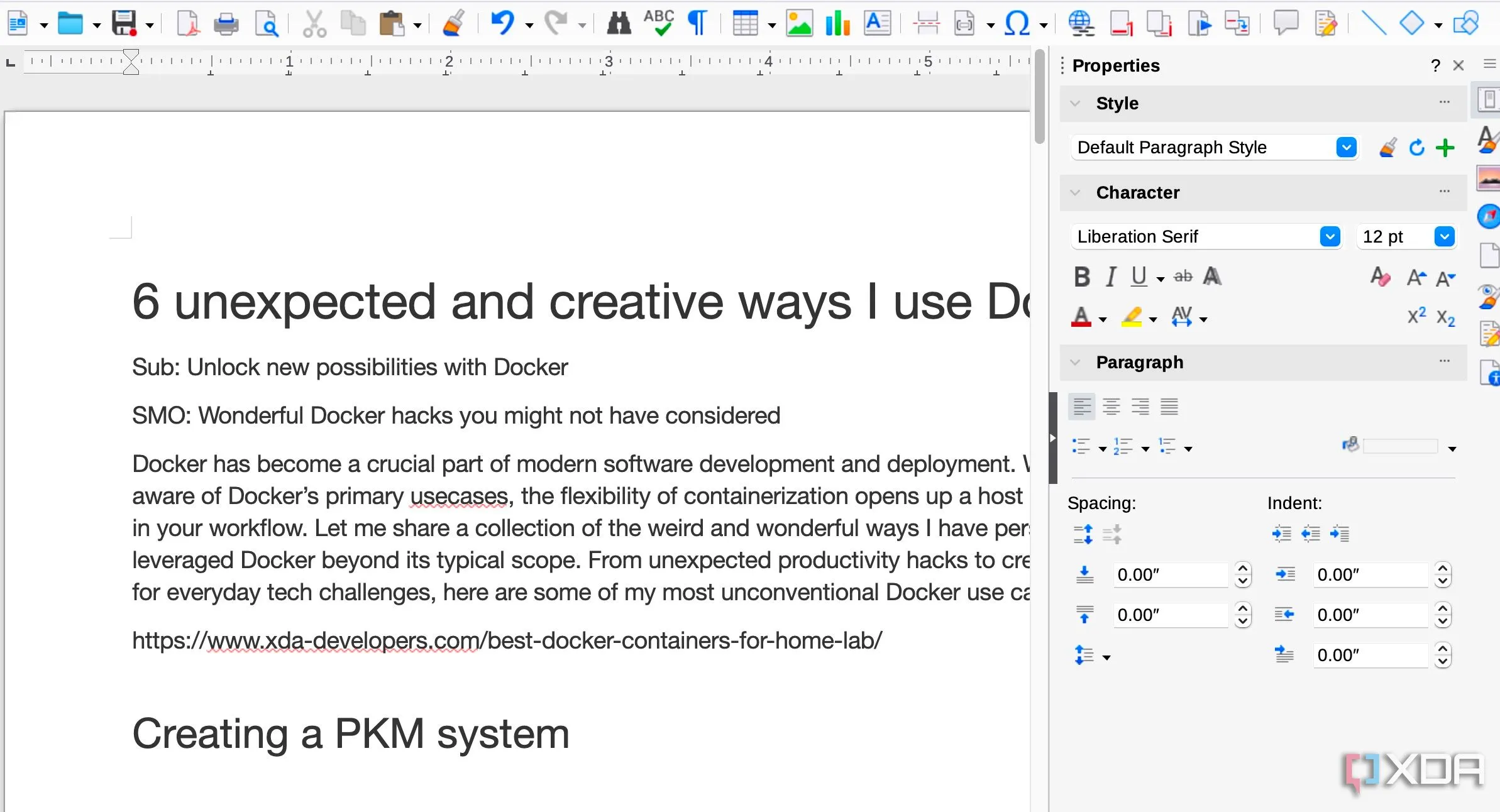 Giao diện LibreOffice Writer đang hoạt động, minh họa việc sử dụng bộ ứng dụng văn phòng này trong môi trường Docker container.