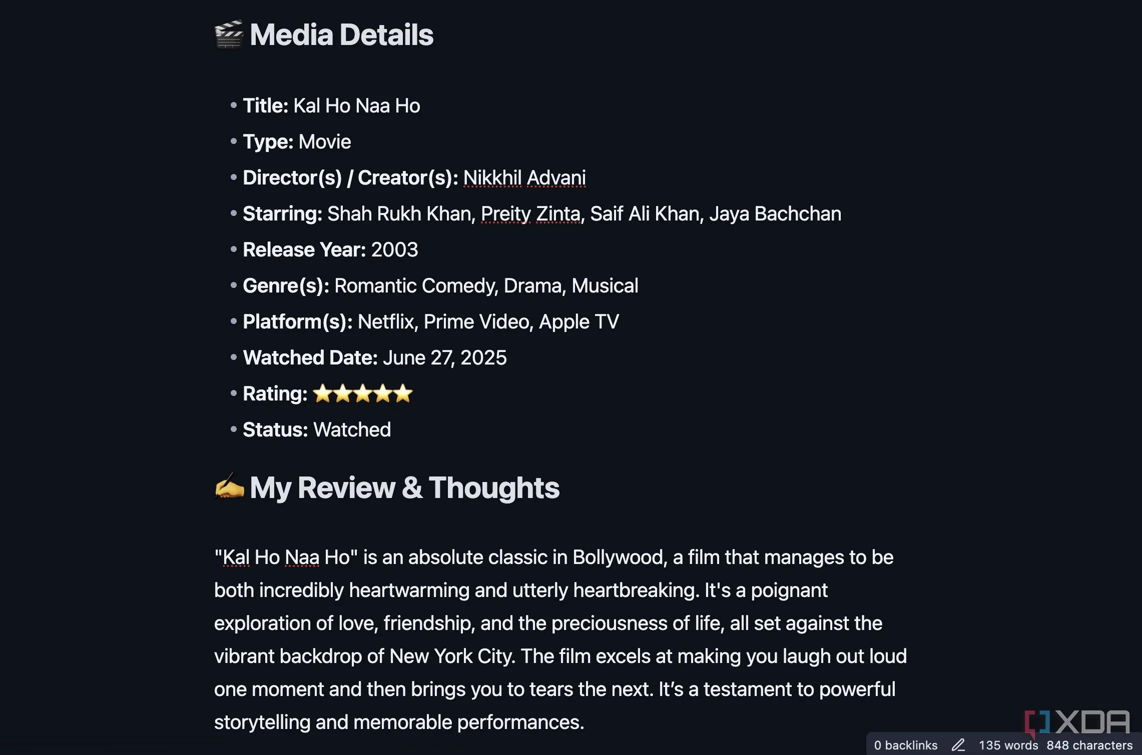 Giao diện mẫu đánh giá phim và chương trình (Movie and Show Review) trong Obsidian, cung cấp các trường để ghi lại thông tin phim, đánh giá cá nhân, điểm mạnh, điểm yếu và những cảnh đáng nhớ, giúp tổ chức và lưu trữ các nhận định về nội dung giải trí.