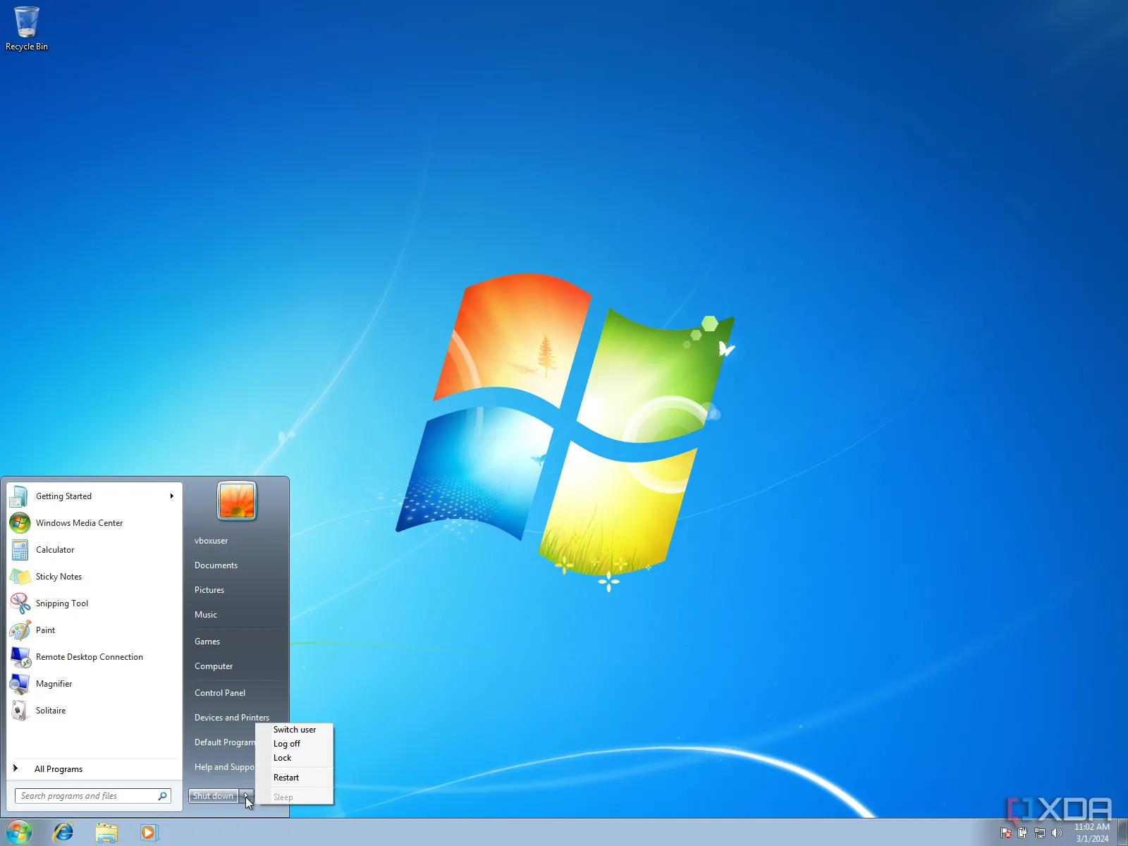 Giao diện Menu Start của Windows 7, hệ điều hành mà bộ lọc âm thanh khắc phục lỗi Janet Jackson vẫn còn hiệu lực