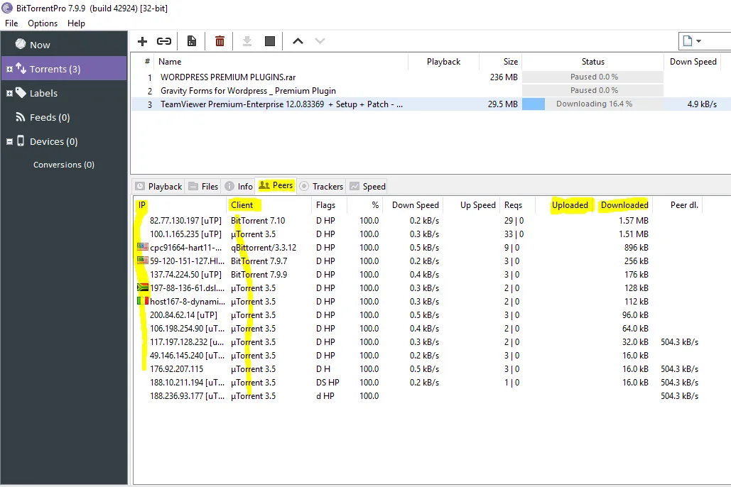 Giao diện một phần mềm chia sẻ file BitTorrent, hiển thị các luồng tải và chia sẻ dữ liệu.