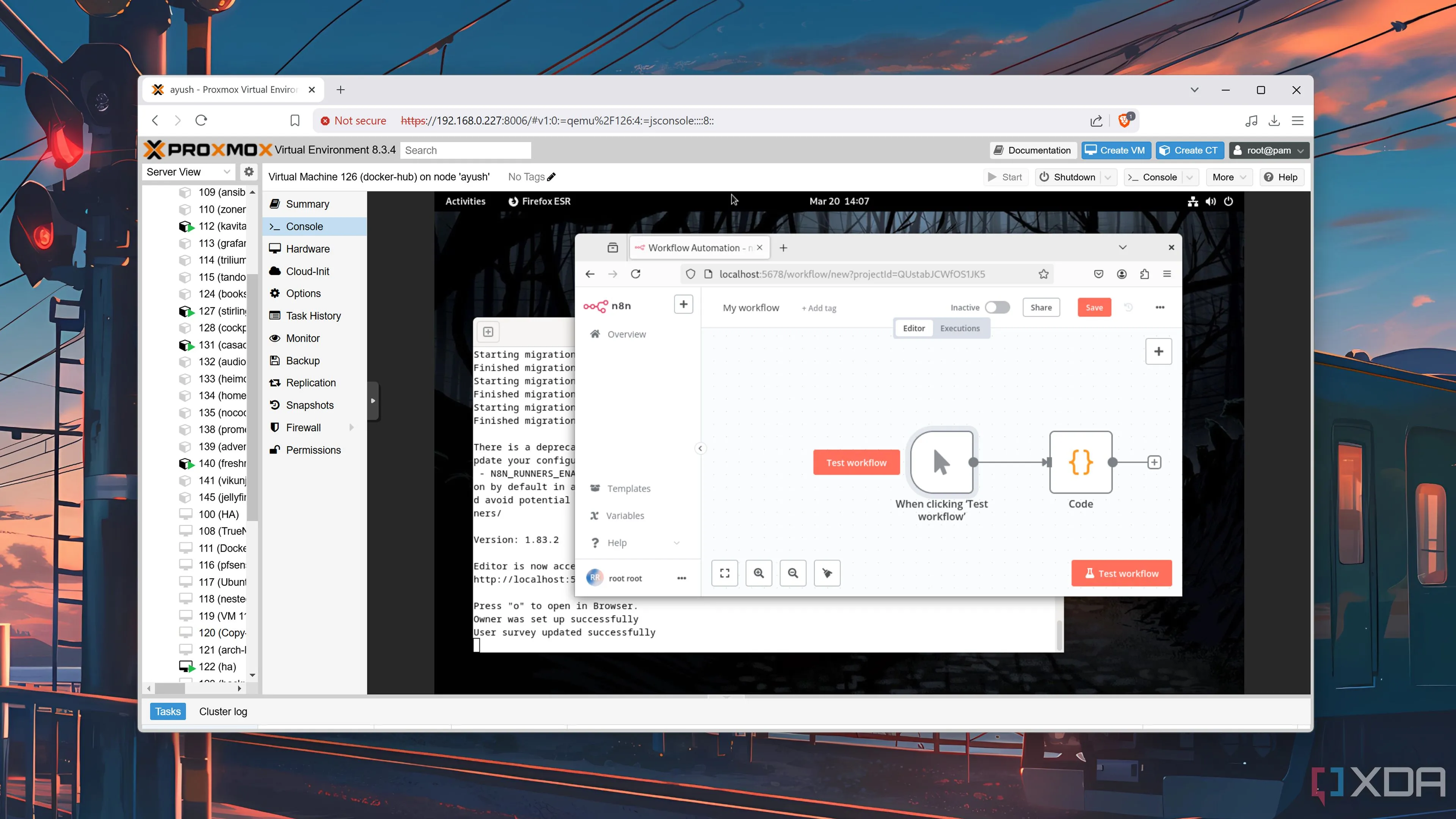 Giao diện n8n đang hoạt động trên hệ thống Proxmox, minh họa khả năng tự host và kiểm soát dữ liệu của nền tảng tự động hóa mã nguồn mở này