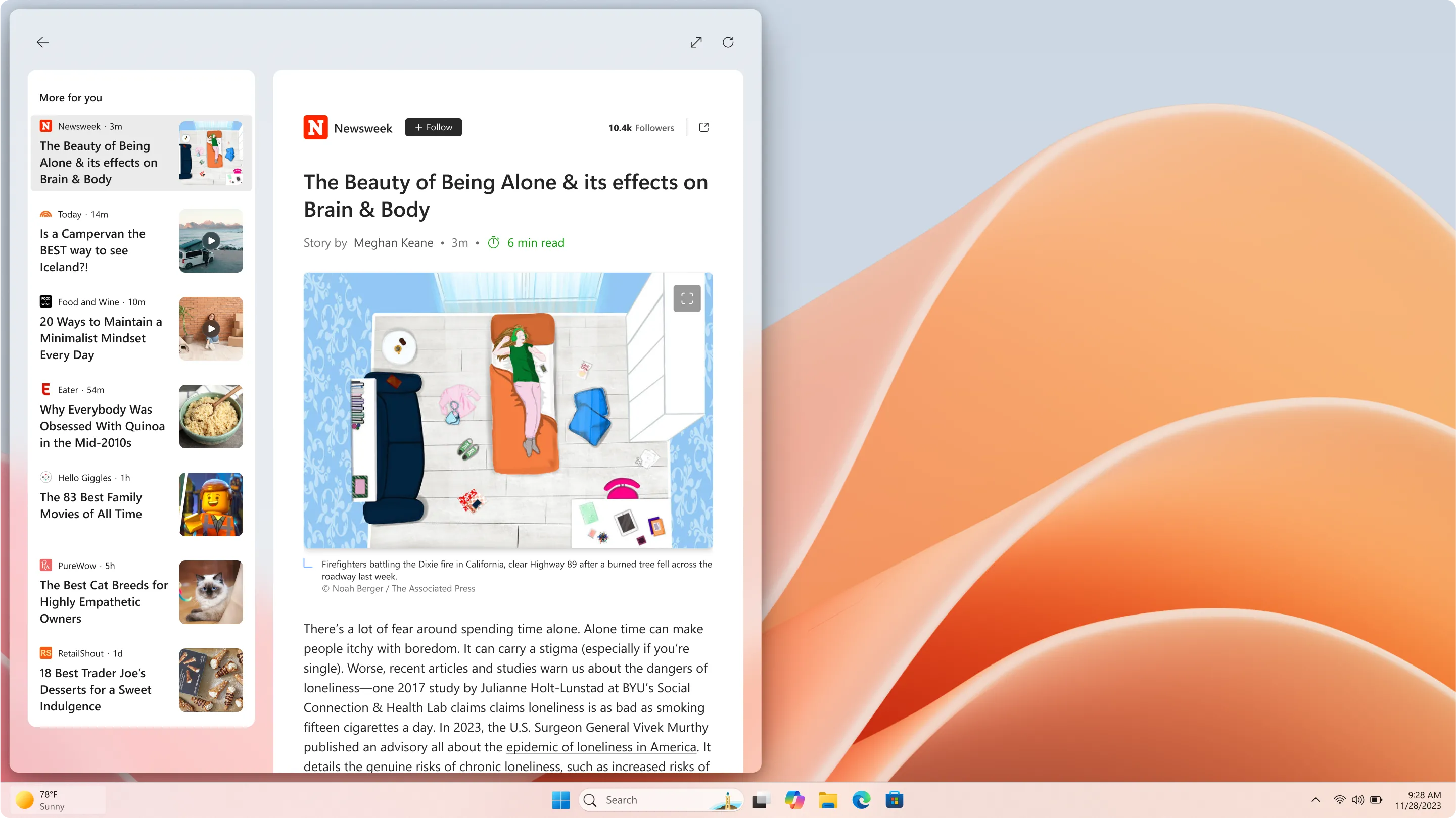 Giao diện nguồn cấp MSN mới trên bảng widget Windows 11, hiển thị các bài viết và video