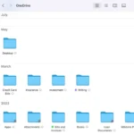 Giao diện OneDrive tích hợp trong Finder trên macOS, hiển thị các thư mục đang đồng bộ hóa.