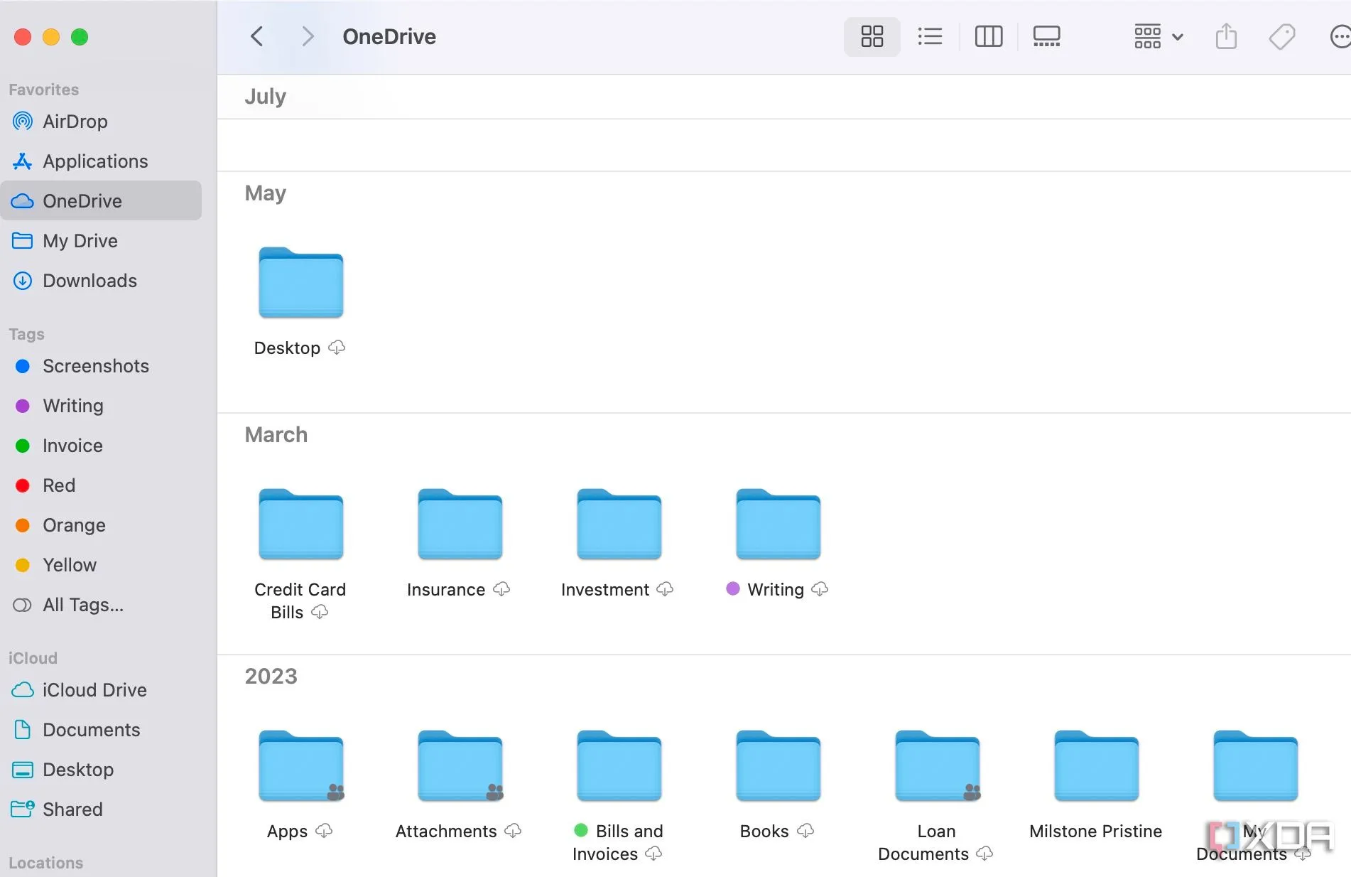 Giao diện OneDrive tích hợp trong Finder trên macOS, hiển thị các thư mục đang đồng bộ hóa.
