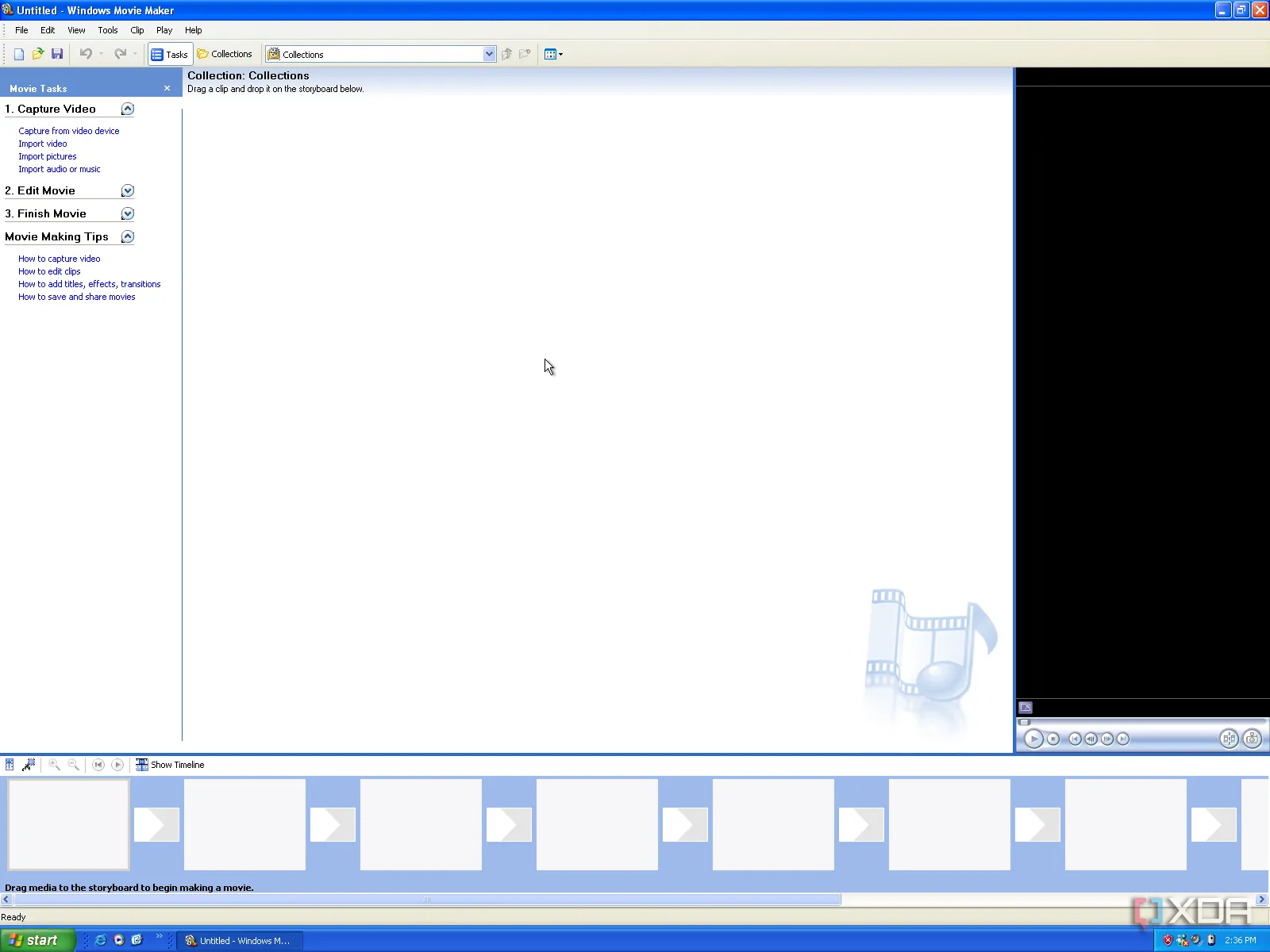 Giao diện phần mềm chỉnh sửa video Windows Movie Maker trên hệ điều hành Windows XP