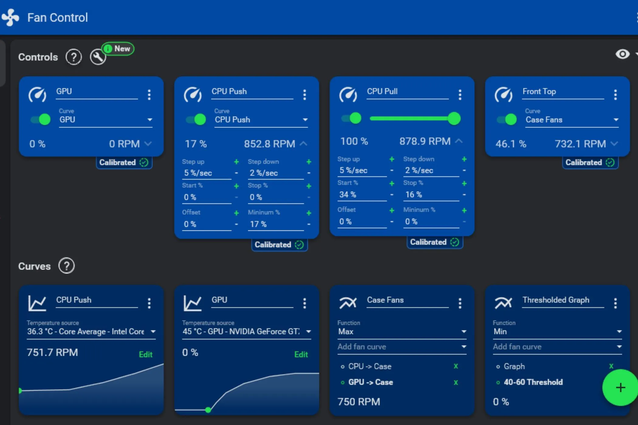 Giao diện phần mềm FanControl trên Windows, hiển thị các tùy chọn điều khiển quạt CPU, GPU và quạt vỏ case để tối ưu nhiệt độ và tiếng ồn của SFF PC.