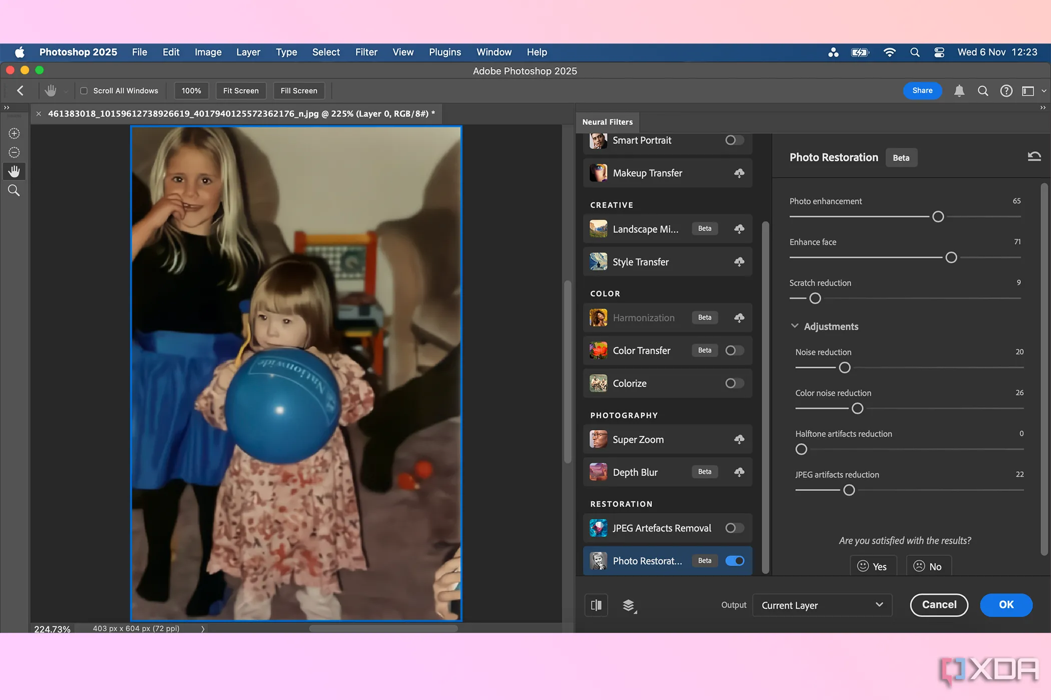 Giao diện Photoshop với tính năng phục hồi ảnh dựa trên bộ lọc AI