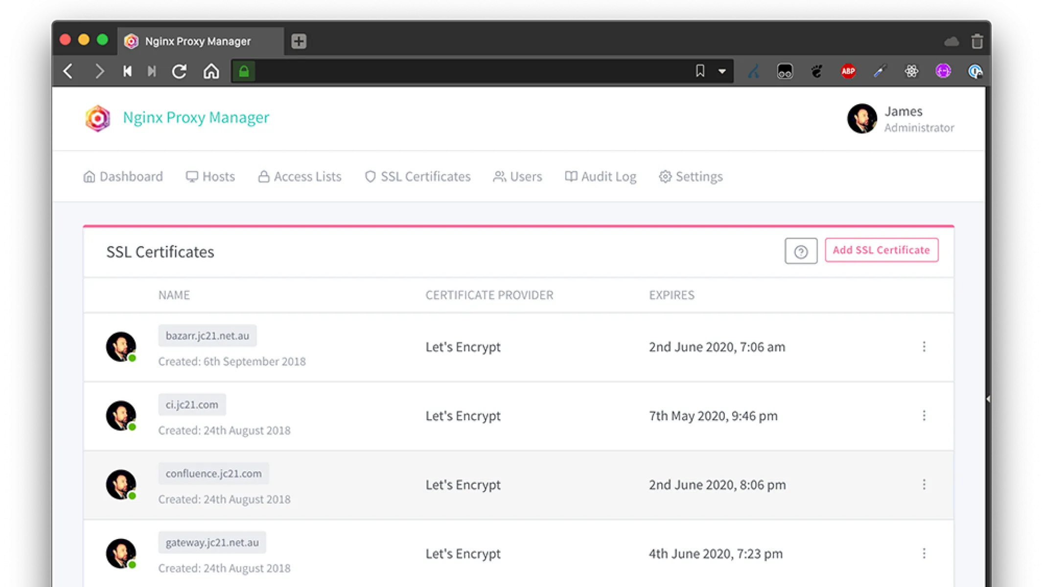 Giao diện quản lý chứng chỉ Let's Encrypt trong Nginx Proxy Manager