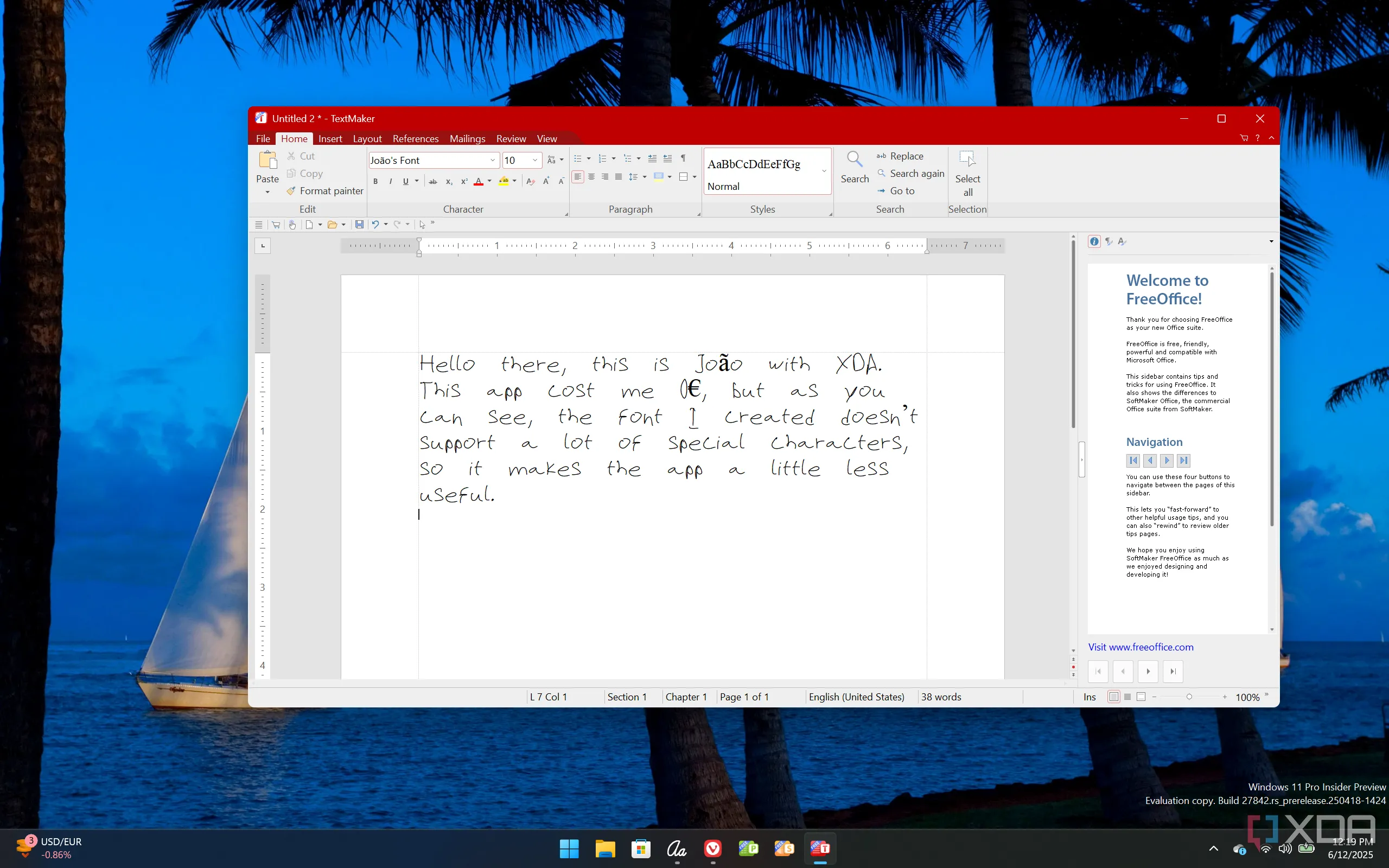 Giao diện Softmaker FreeOffice hiển thị văn bản sử dụng font chữ tùy chỉnh từ Microsoft Font Maker, minh họa sự thiếu vắng của các ký tự có dấu tiếng Việt và ký tự đặc biệt.