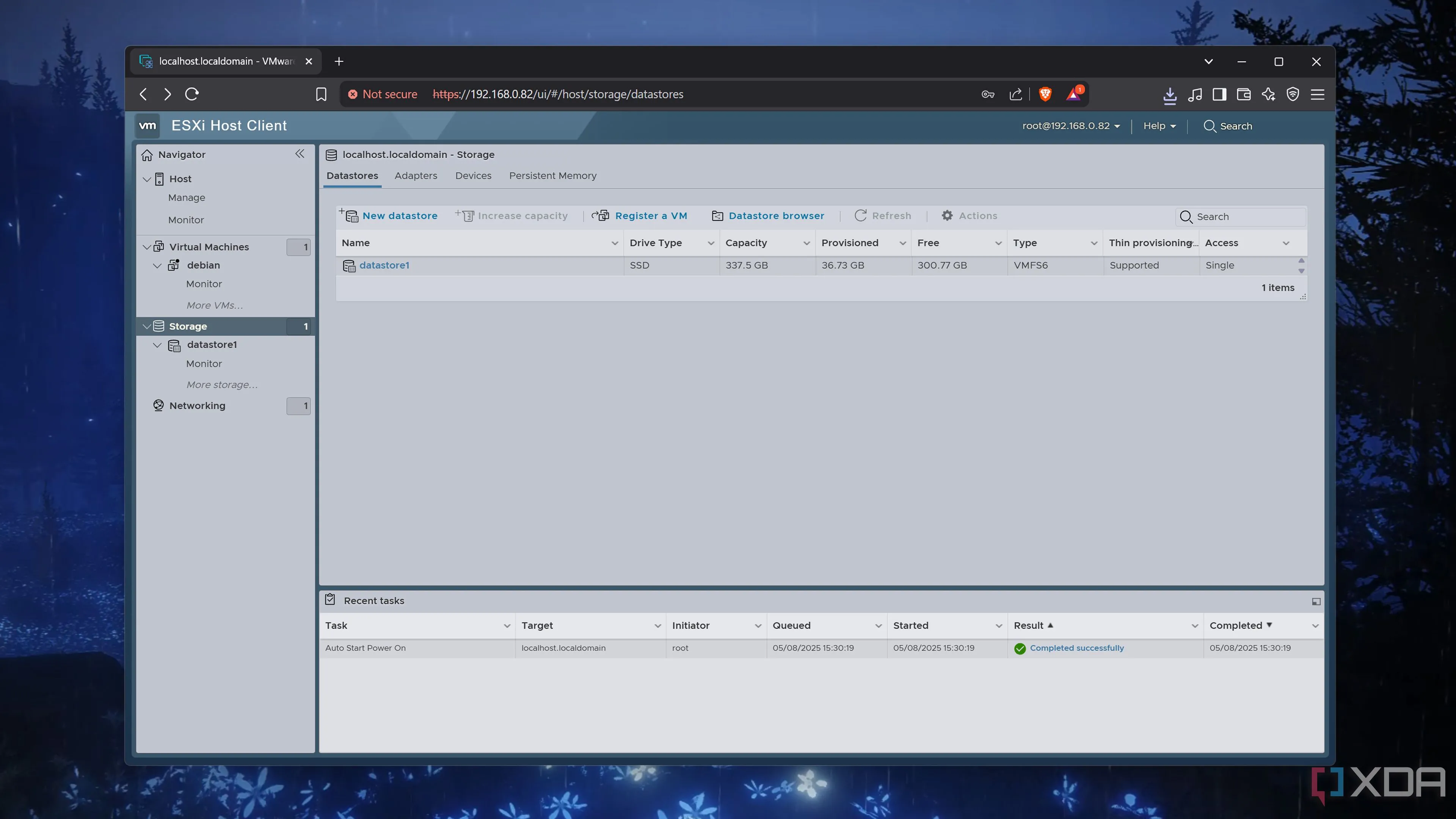 Giao diện tab Storage trong VMware ESXi hiển thị các tùy chọn quản lý bộ nhớ, minh họa sự phức tạp của hệ thống sau thay đổi chính sách cấp phép từ Broadcom
