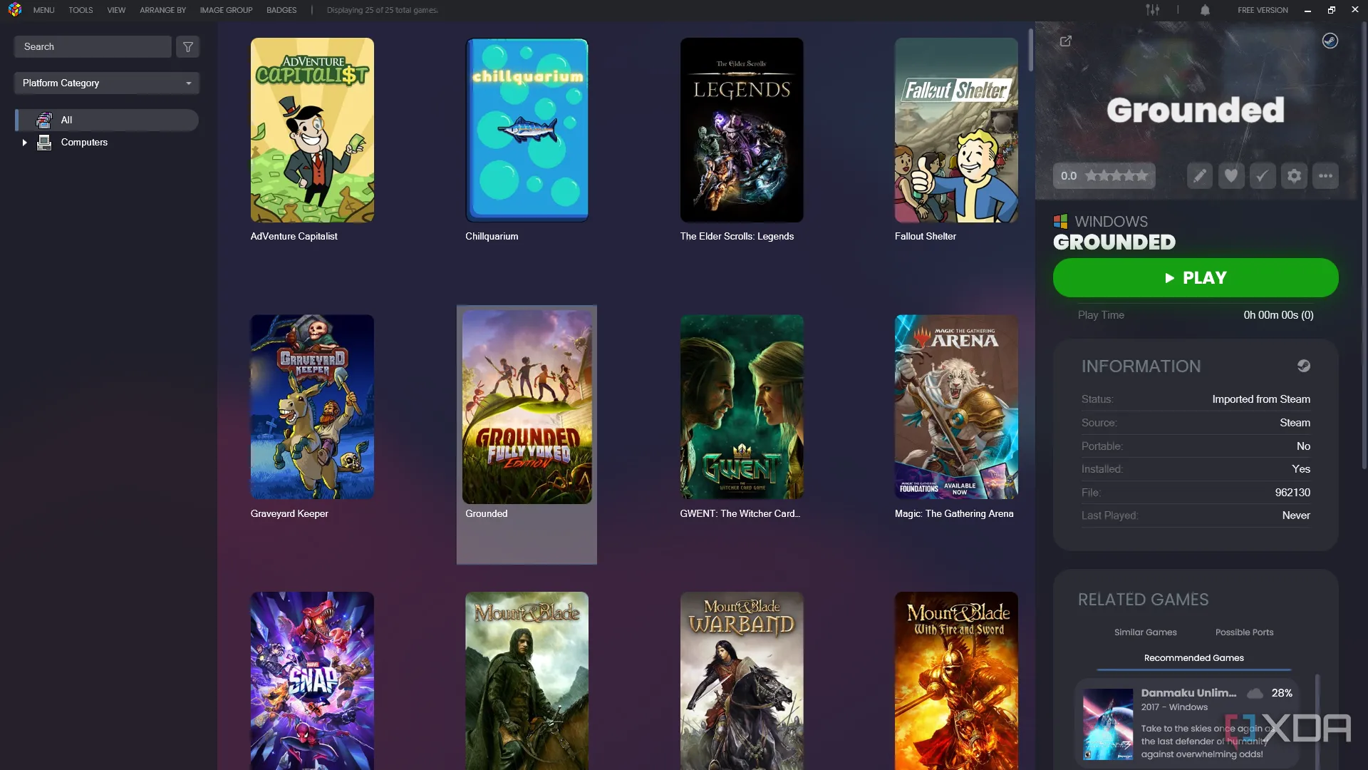 Giao diện thư viện game giả lập trên LaunchBox hiển thị các tựa game retro được tổ chức gọn gàng.