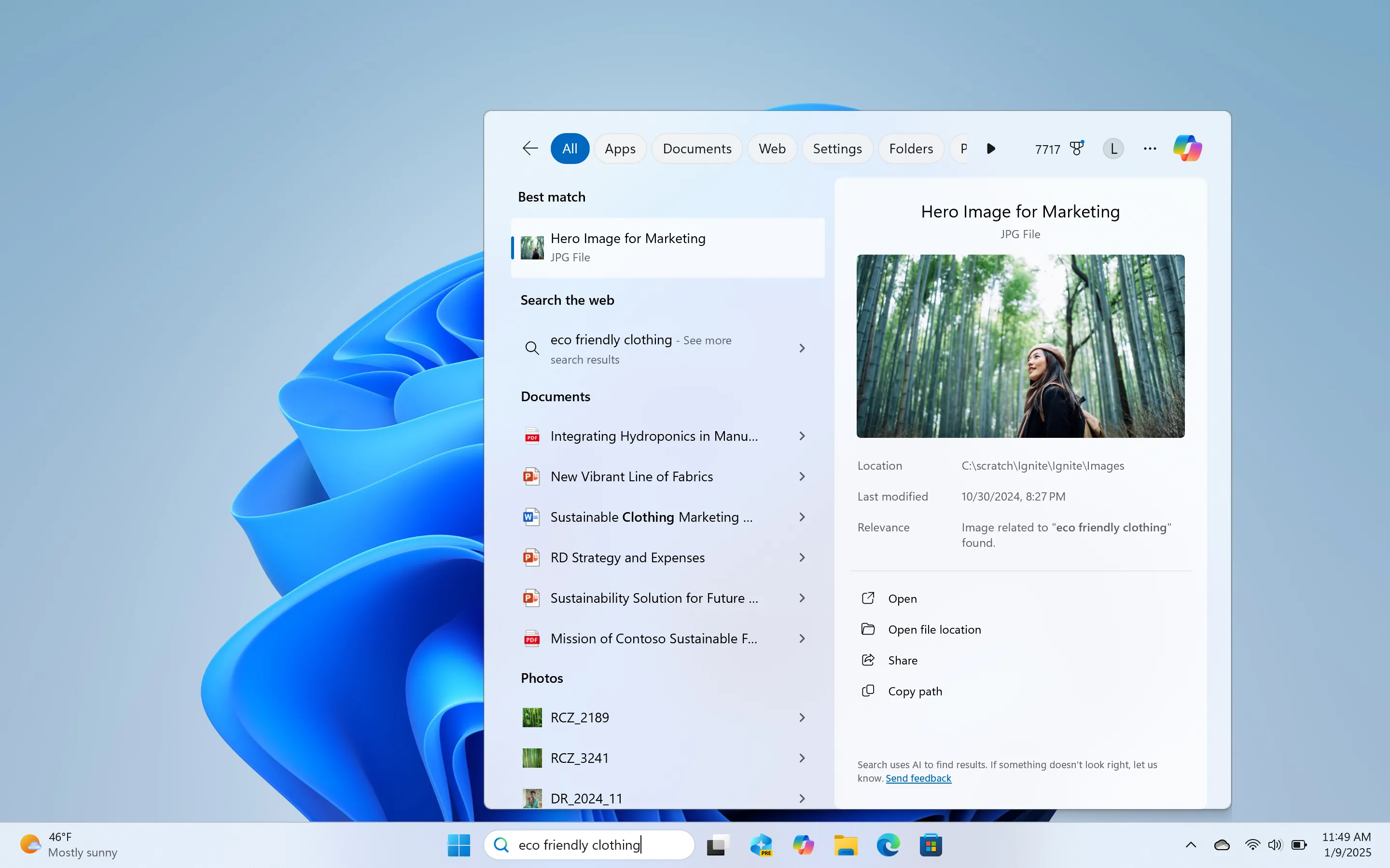 Giao diện tìm kiếm ngữ cảnh AI mới trên thanh tác vụ Windows 11 hiển thị kết quả tìm kiếm hình ảnh và tài liệu liên quan đến cụm từ mô tả.