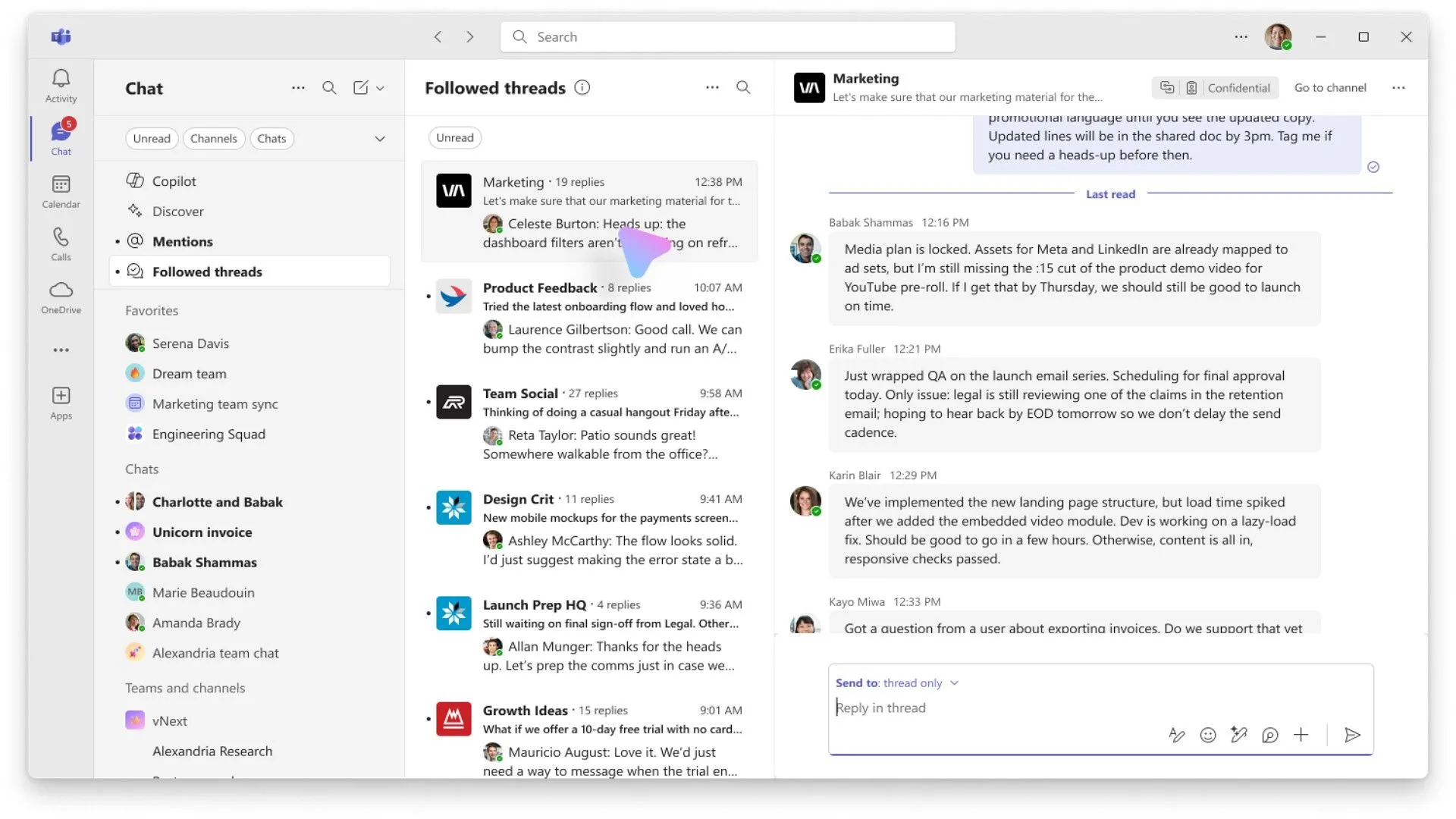 Giao diện tính năng &quot;Followed Threads&quot; trong Microsoft Teams hiển thị các cuộc trò chuyện đã theo dõi