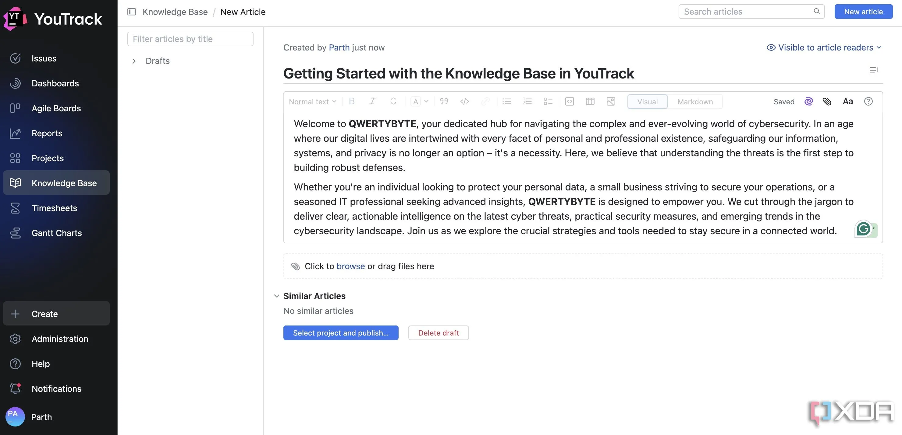 Giao diện tính năng Knowledge base trong YouTrack để tạo và quản lý cơ sở tri thức dự án