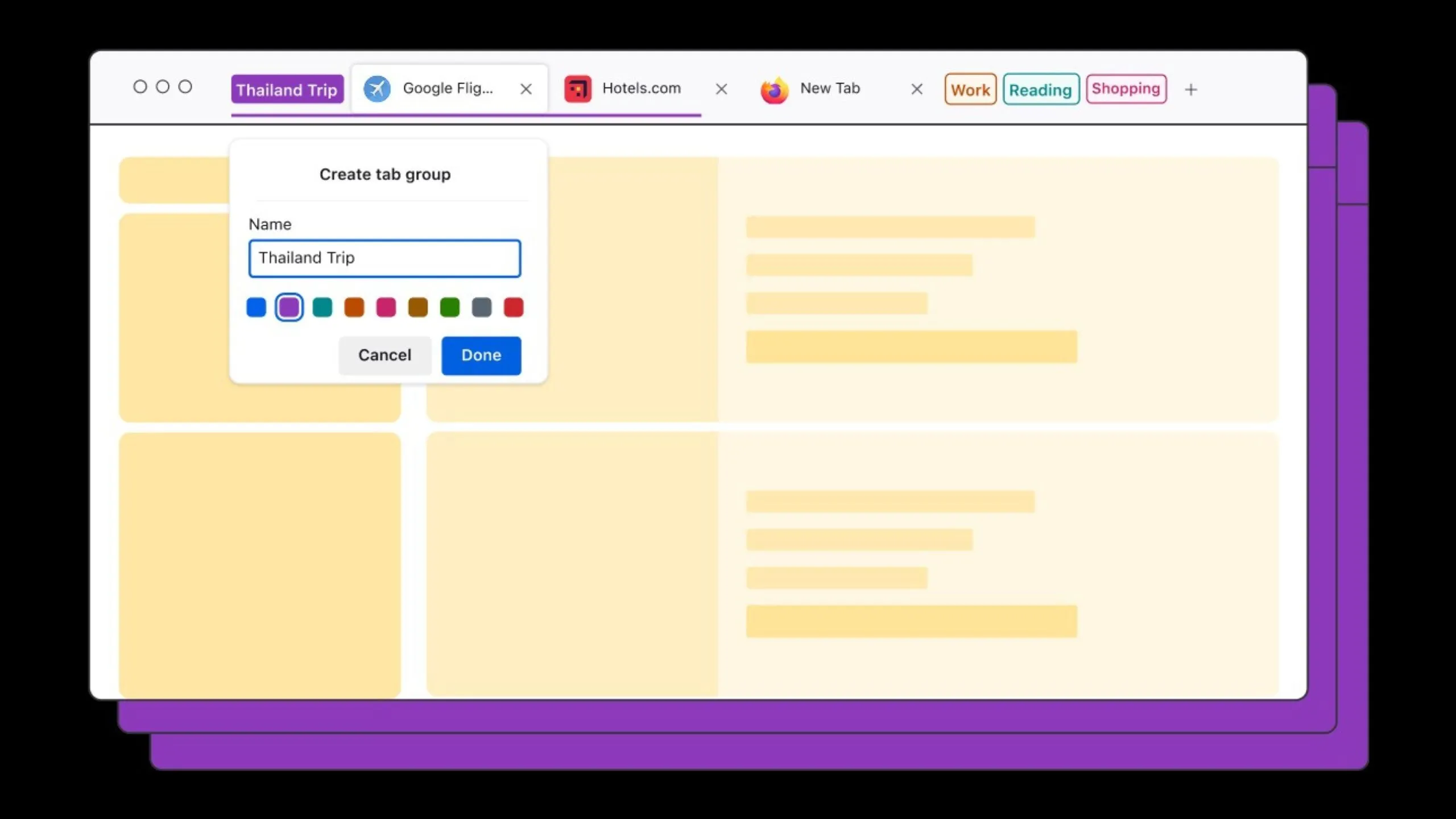Giao diện tính năng nhóm tab trên trình duyệt Firefox giúp sắp xếp các thẻ