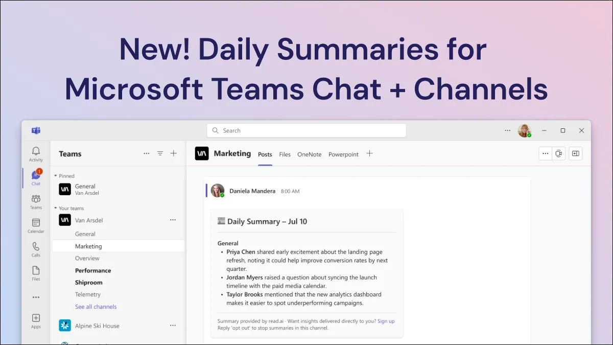 Giao diện tóm tắt hàng ngày của Read AI cho các cuộc trò chuyện và kênh Microsoft Teams