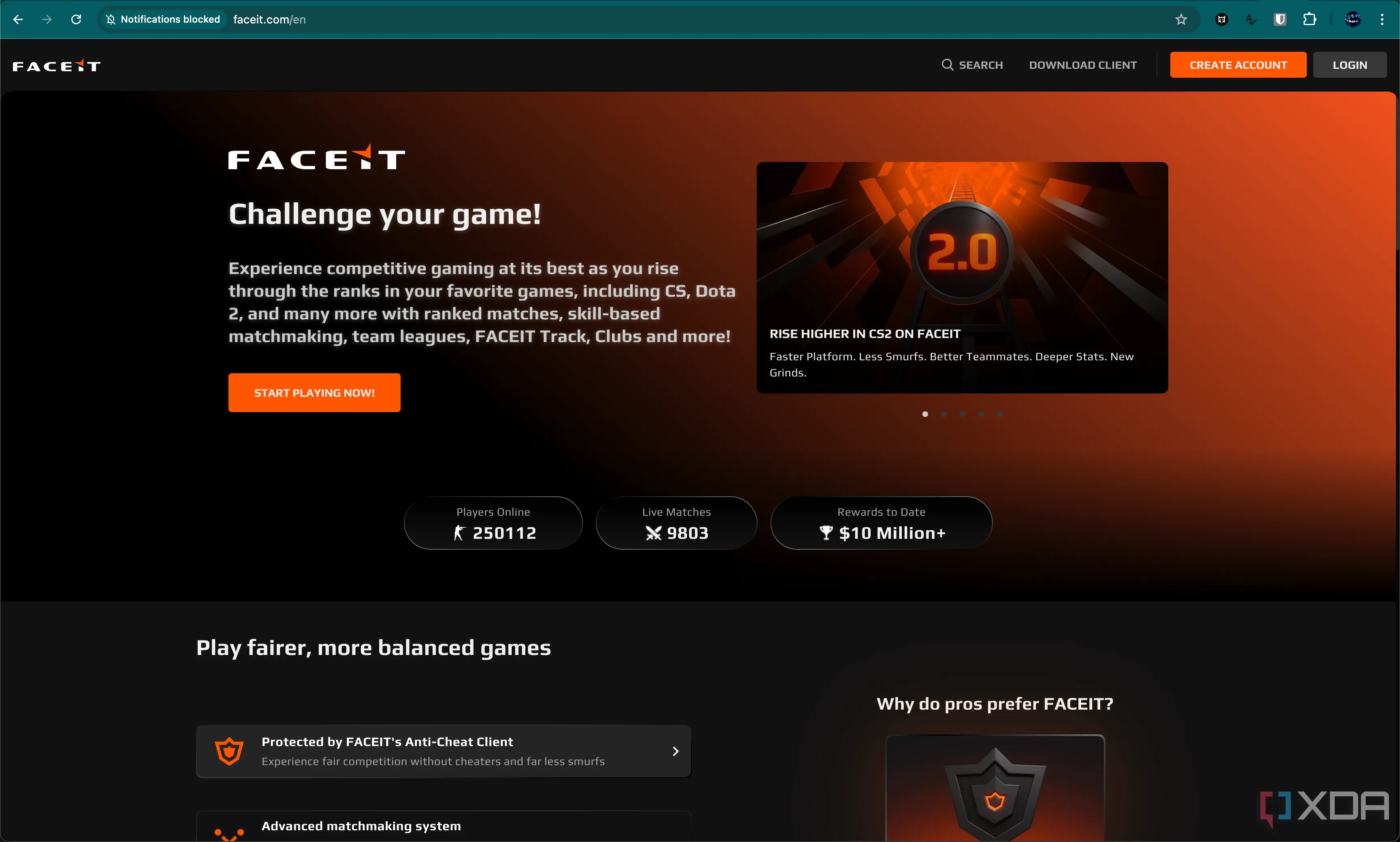 Giao diện trang chủ Faceit, một trong những nền tảng matchmaking phổ biến cho Counter-Strike 2