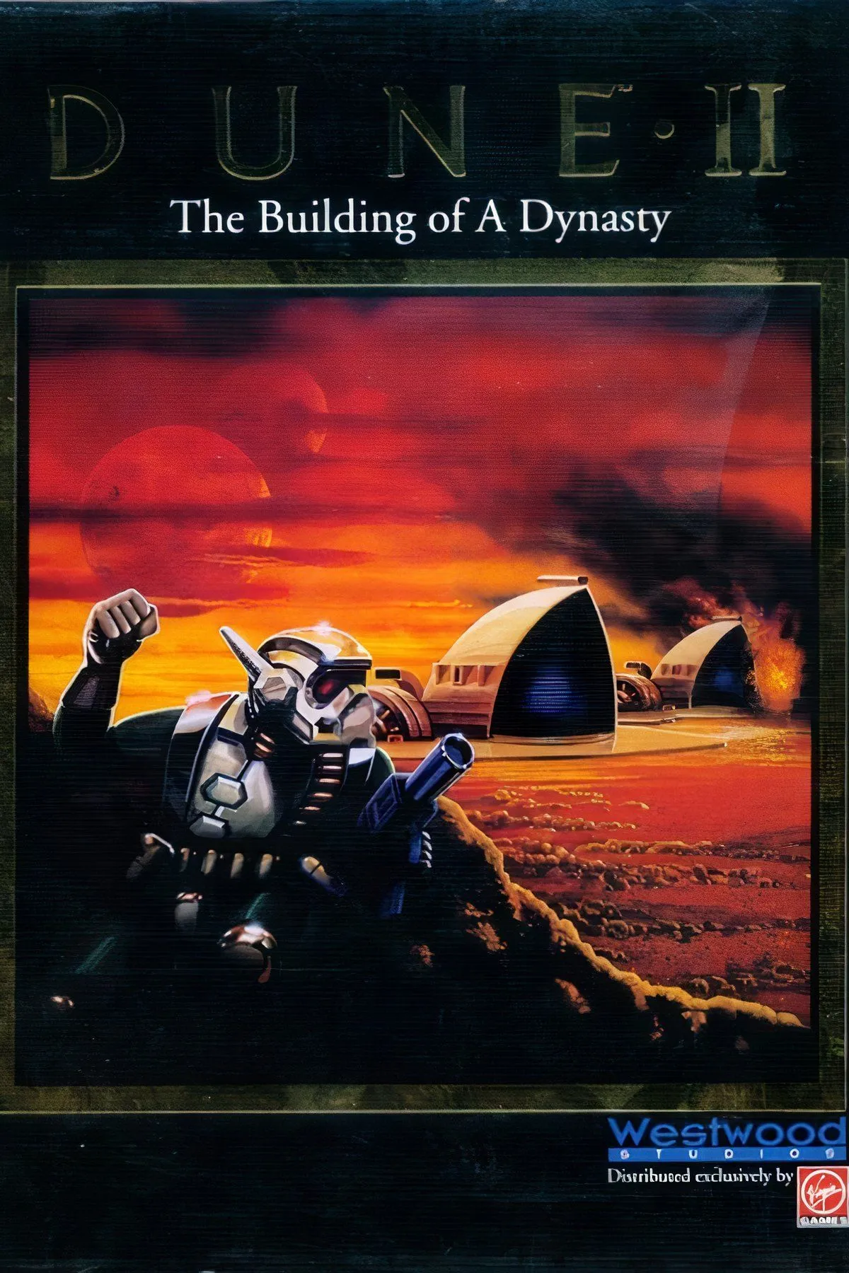 Giao diện trò chơi Dune II: The Building of a Dynasty, hiển thị cảnh chiến đấu trên sa mạc
