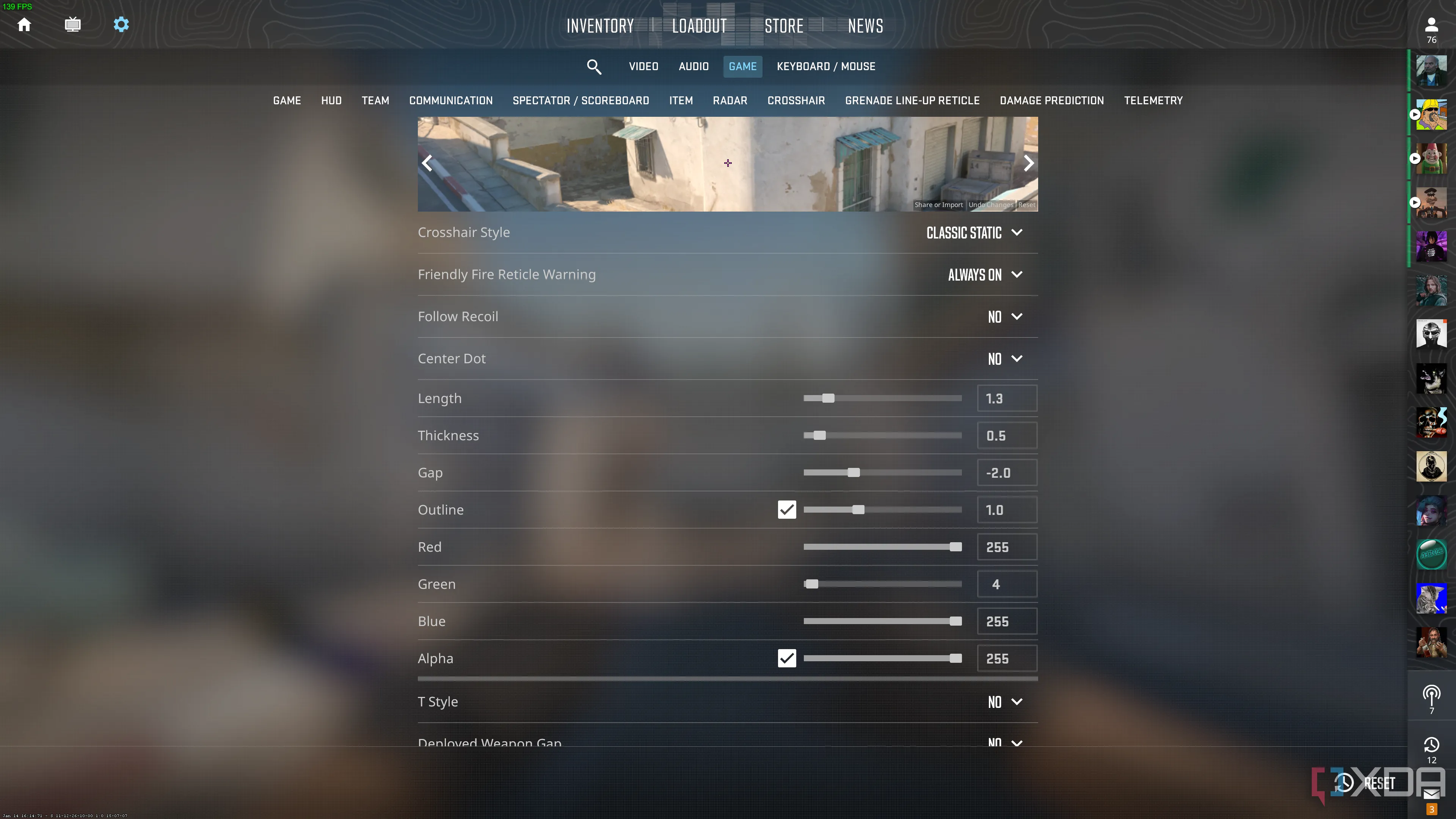 Giao diện tùy chỉnh tâm ngắm trong Counter-Strike 2, cho phép người chơi cá nhân hóa theo sở thích