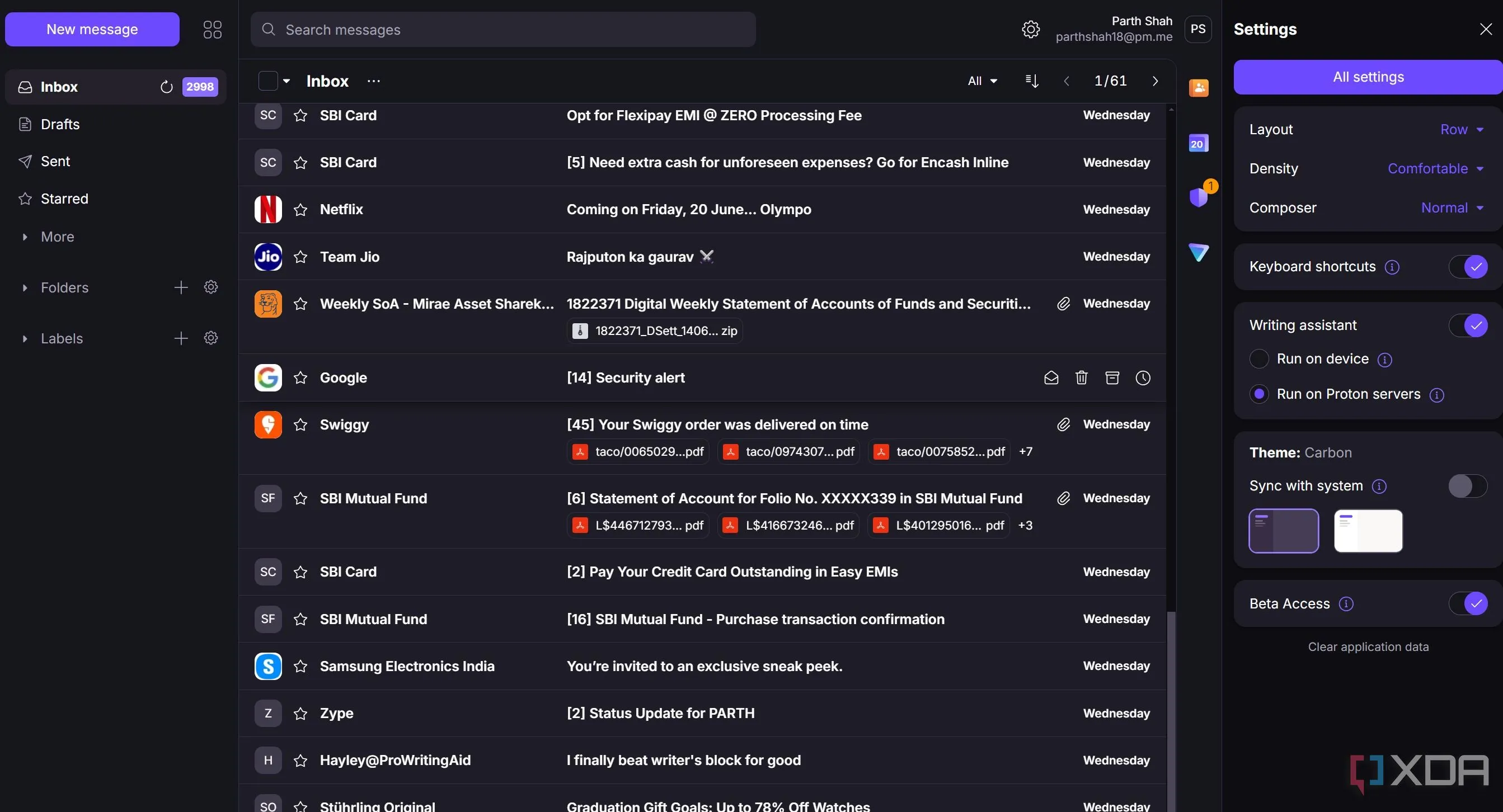Giao diện ứng dụng email gốc Proton Mail trên máy tính