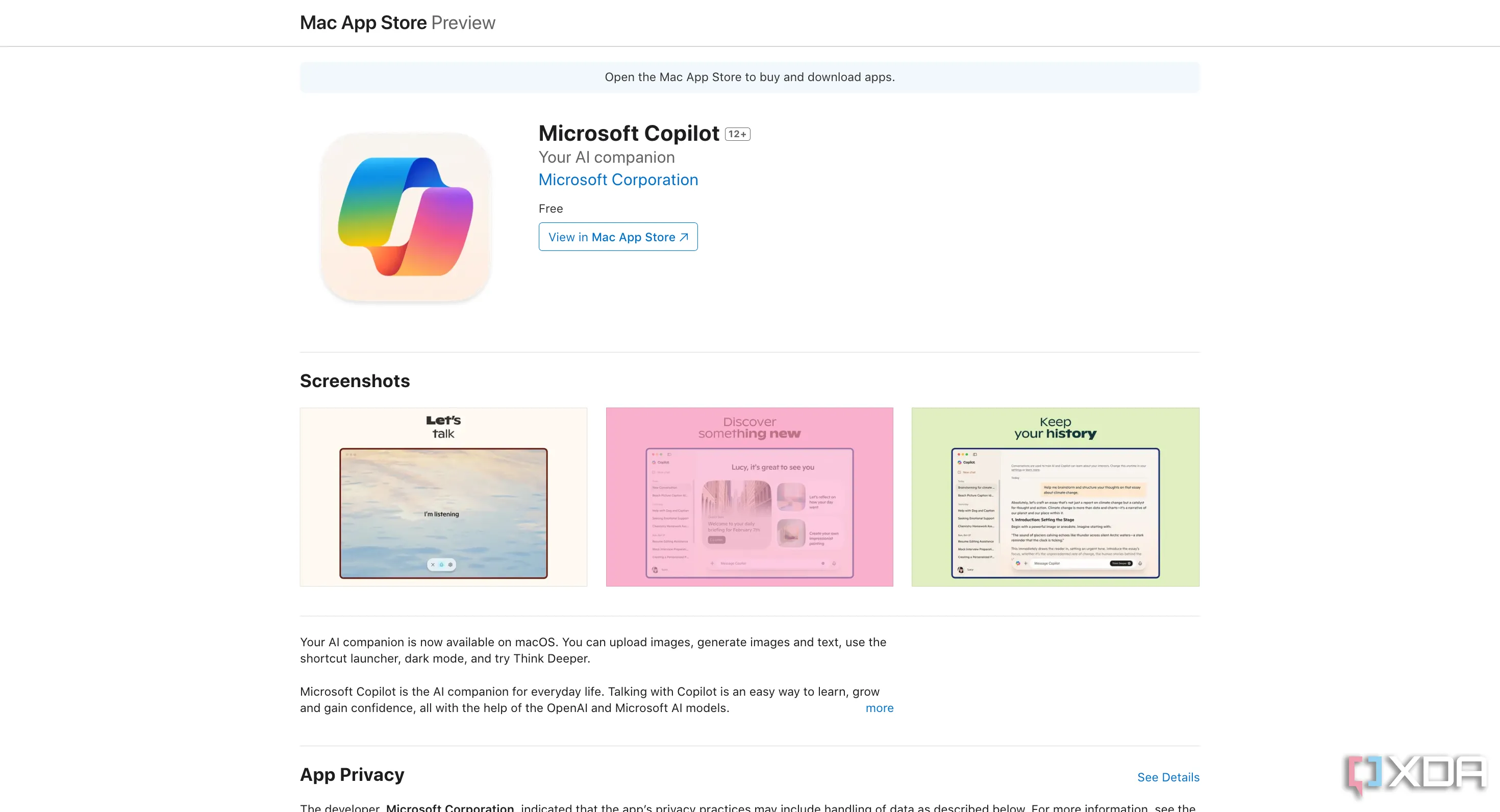 Giao diện ứng dụng Microsoft Copilot chính thức trên macOS, minh họa các tính năng AI thông minh.