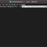 Giao diện ứng dụng Terminal trên MacBook hiển thị lệnh tắt tự khởi động khi mở nắp hoặc cắm sạc.