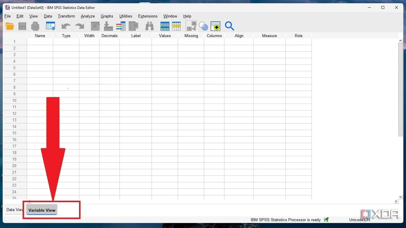 Giao diện Variable View trong SPSS để định nghĩa biến