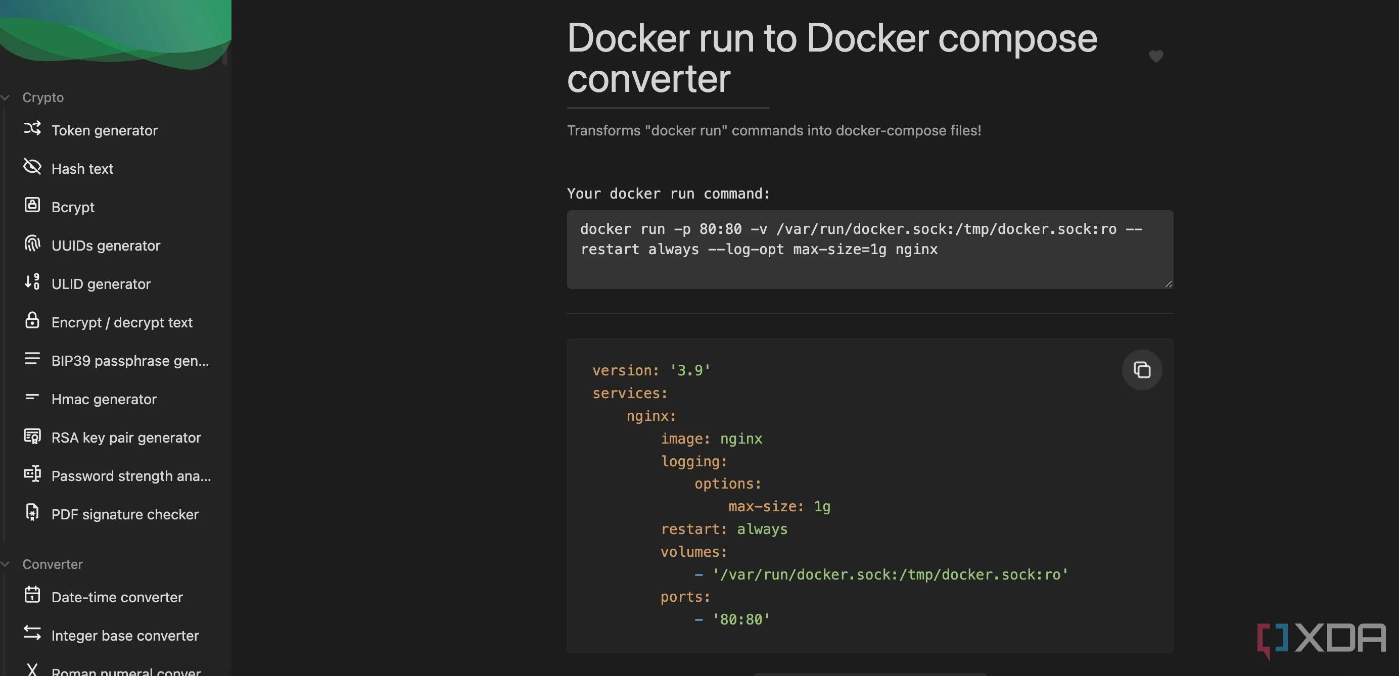 Giao diện web của IT Tools chạy trong Docker, hiển thị các công cụ tiện ích mạng và hệ thống như chuyển đổi Docker Run sang Docker Compose.
